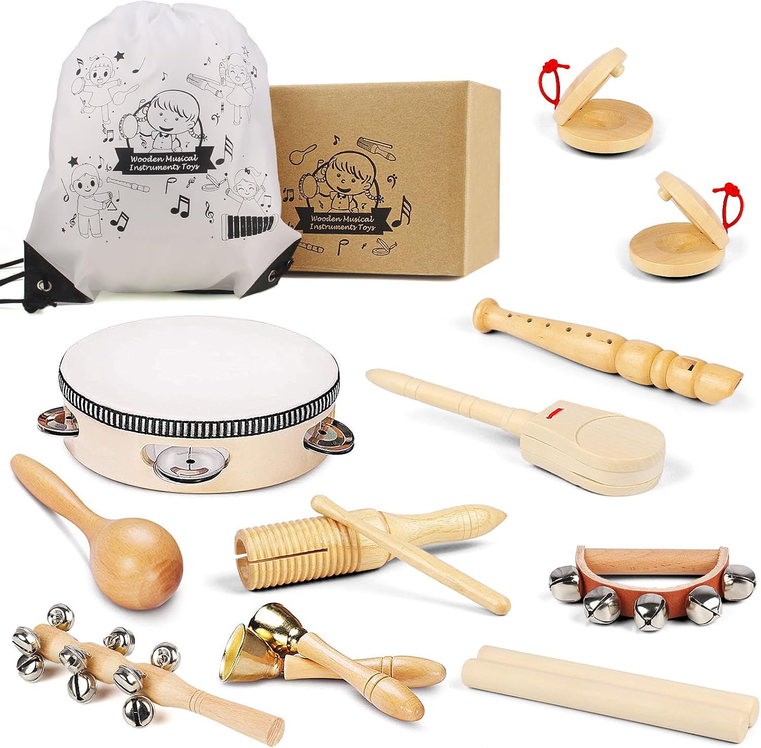 Chriffer Kids Musical Instruments Toys, Percussion Instruments Set with Storage Bag, Preschool Educational Music Toys for Boys Girls, Natural Eco-Friendly Wooden Music Set (10pcs)