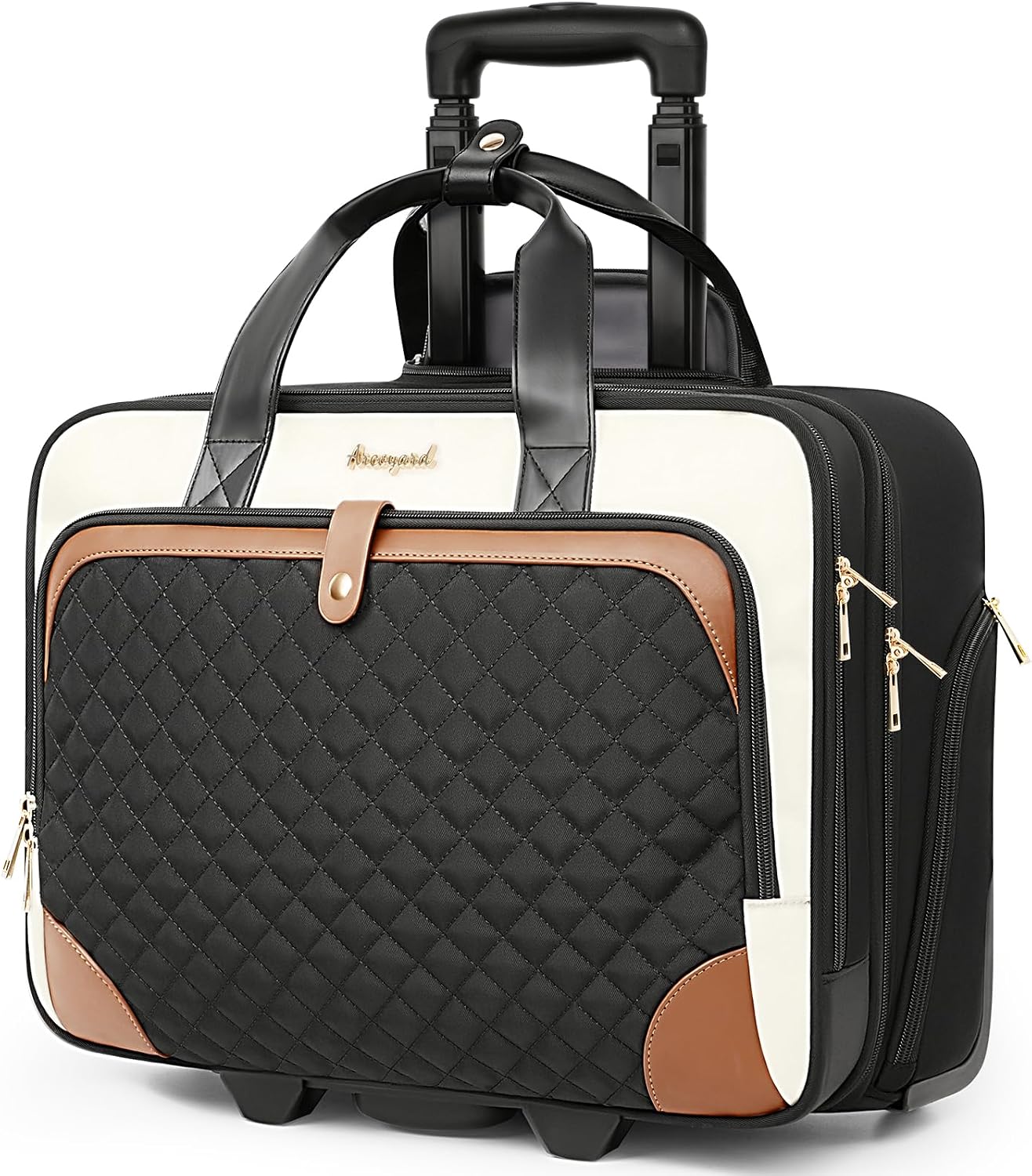 Arcoyard Rolling Laptop Bag, Rolling Briefcase for Women with Waterproof Pocket, 17 Inch Computer Bag, Underseat Carry On Luggage with Wheels for Work Travel Business, Lightweight Beige Brown