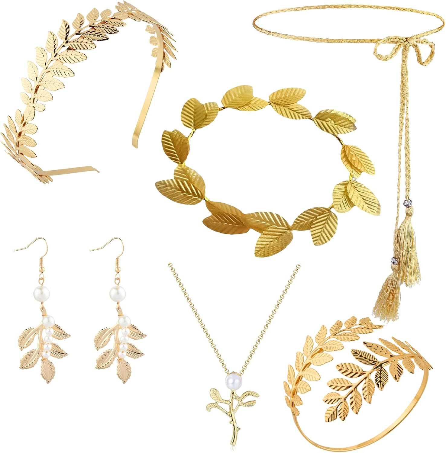 6-Piece Set Greek Goddess Accessories, Greek Goddess Costume Women, Goddess Crown, Greek Goddess Costume Girls, Hairband, Leaf Hairband, Armband, Belt, Necklace For Party Bridal Wedding Halloween