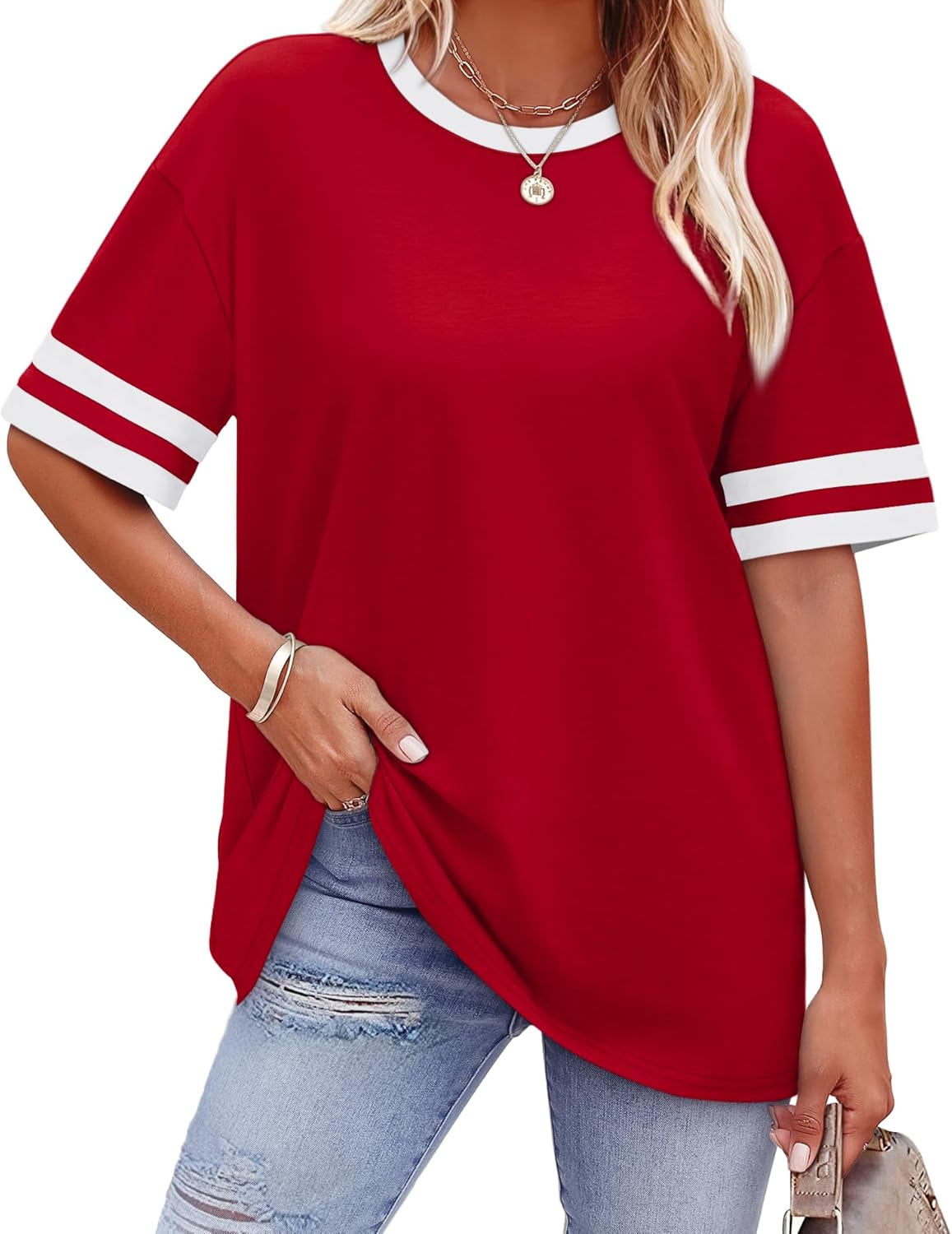 WIHOLL Womens T Shirts Loose Fit Short Sleeve Tees Crew Neck Color Block Summer Tops 2025 Fashion
