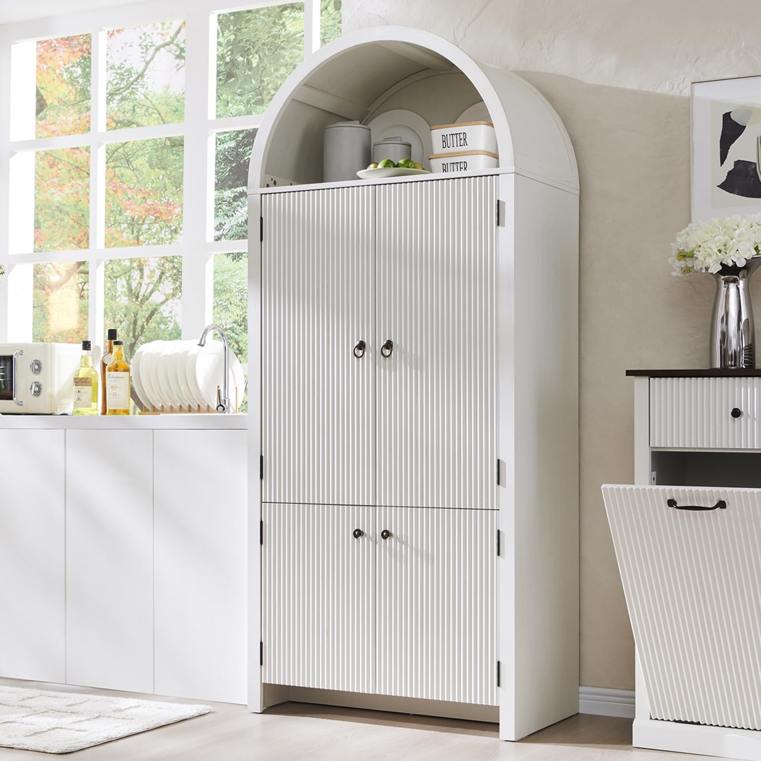 71" Tall Arched Kitchen Pantry, Modern Fluted Wood Storage Cabinet with 4 Doors, 3 Adjustable Shelves, 6 Door Shelves, Organizer, Versatile Cupboard for Kitchen, Bathroom, Antique White