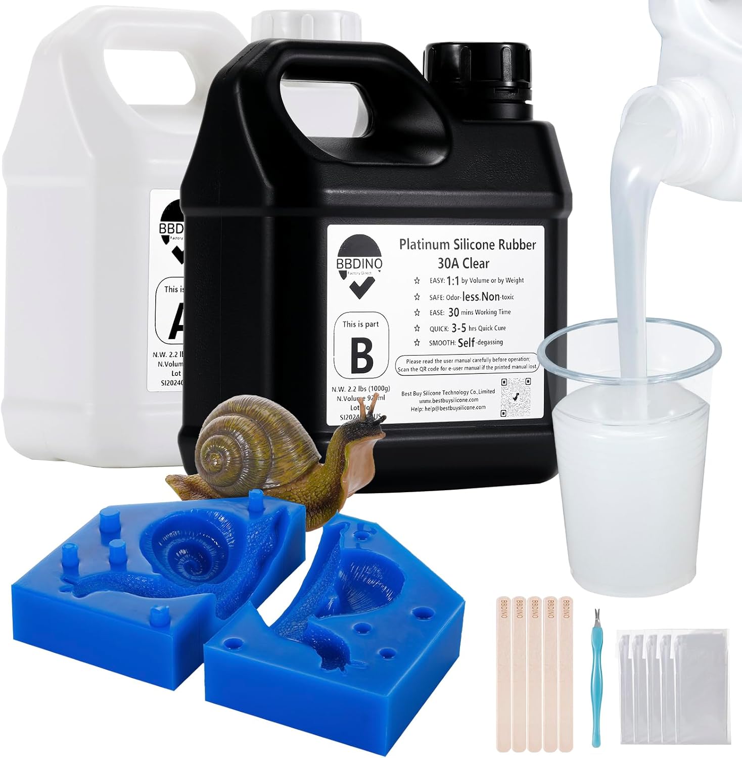 BBDINO Silicone Mold Making Kit 30A 4.4 lbs Translucent, High Strength Liquid Silicone Rubber for Molds Making,1:1 by Volume Ideal for Casting Resin/Silicon/Soap/Concrete Molds