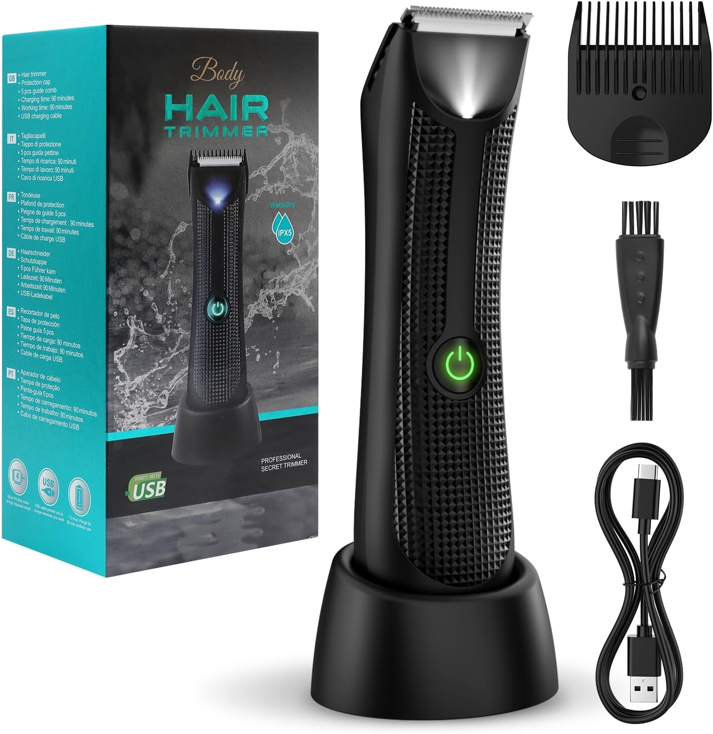 Vexloria Pubic & Body Hair Trimmer for Men, Body Groomer, Electric Groin Hair Trimmer with Ceramic Blade Head, Wet/Dry Shaver with LED Light and Charging Base(Black)