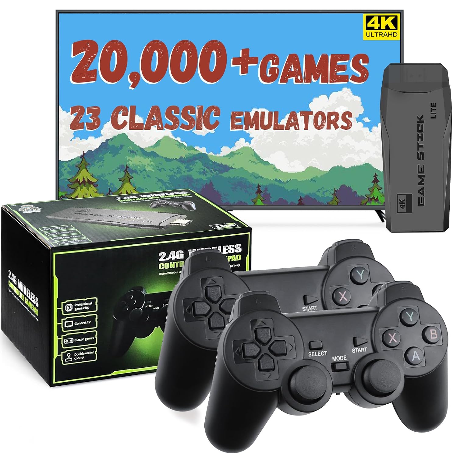 New Retro Gaming Console & Game Stick Pro - 20,000+ Classic Video Games, 23 Emulators, Dual Wireless Controllers, 4K HDMI Output, Plug & Play, Compatible with TV, PC, Projector, 64GB
