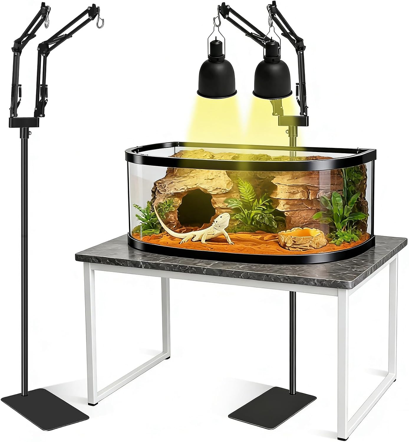 Adjustable Dual-Head Reptile Heat Lamp Stand & Holder Bracket with Floor Base for Terrariums, Vivariums, Glass Tanks, Tortoise Tables, Bearded Dragons & Small Pets