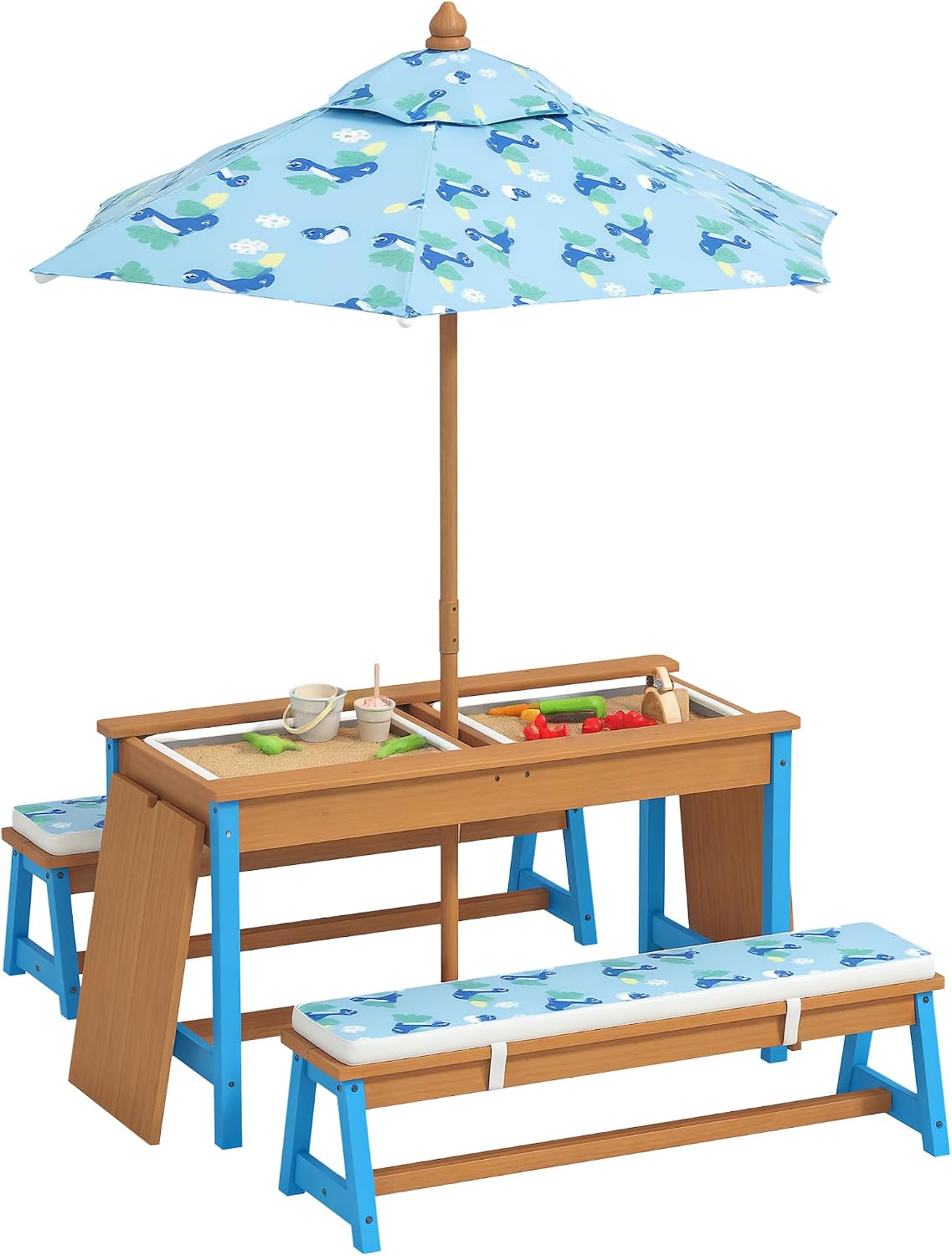 Qaba Kids Picnic Table, Wooden Table and Bench Set with Foldable Umbrella, Removable Cushions & Boxes, Dinosaur Theme Children Activity Table Outdoor Furniture for Patio, Blue