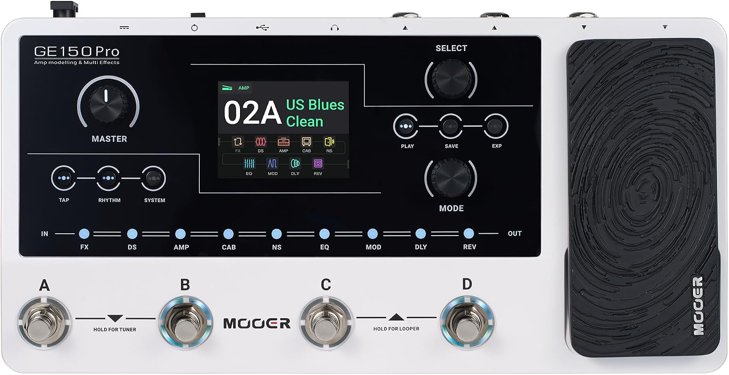 MOOER GE150 Pro Guitar Multi Effects Processor, 200 Presets & 170 Effects, NAM & MNRS Support, 55 Amp Models, 26 Cab Sims, 20 IR Slots, USB OTG Recording, 4-Footswitch, Looper & Expression Pedal