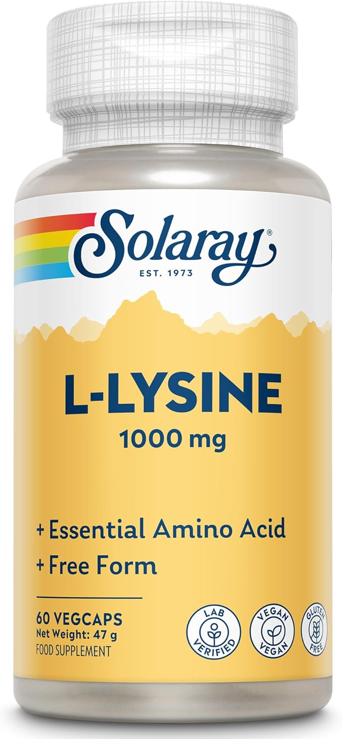 Solaray - L-Lysine 1000mg - 60 Vegan Capsules not Tablets - Double Strength L Lysine Amino Acid Supplement - Lab Verified, GMO and Magnesium Stearate Free