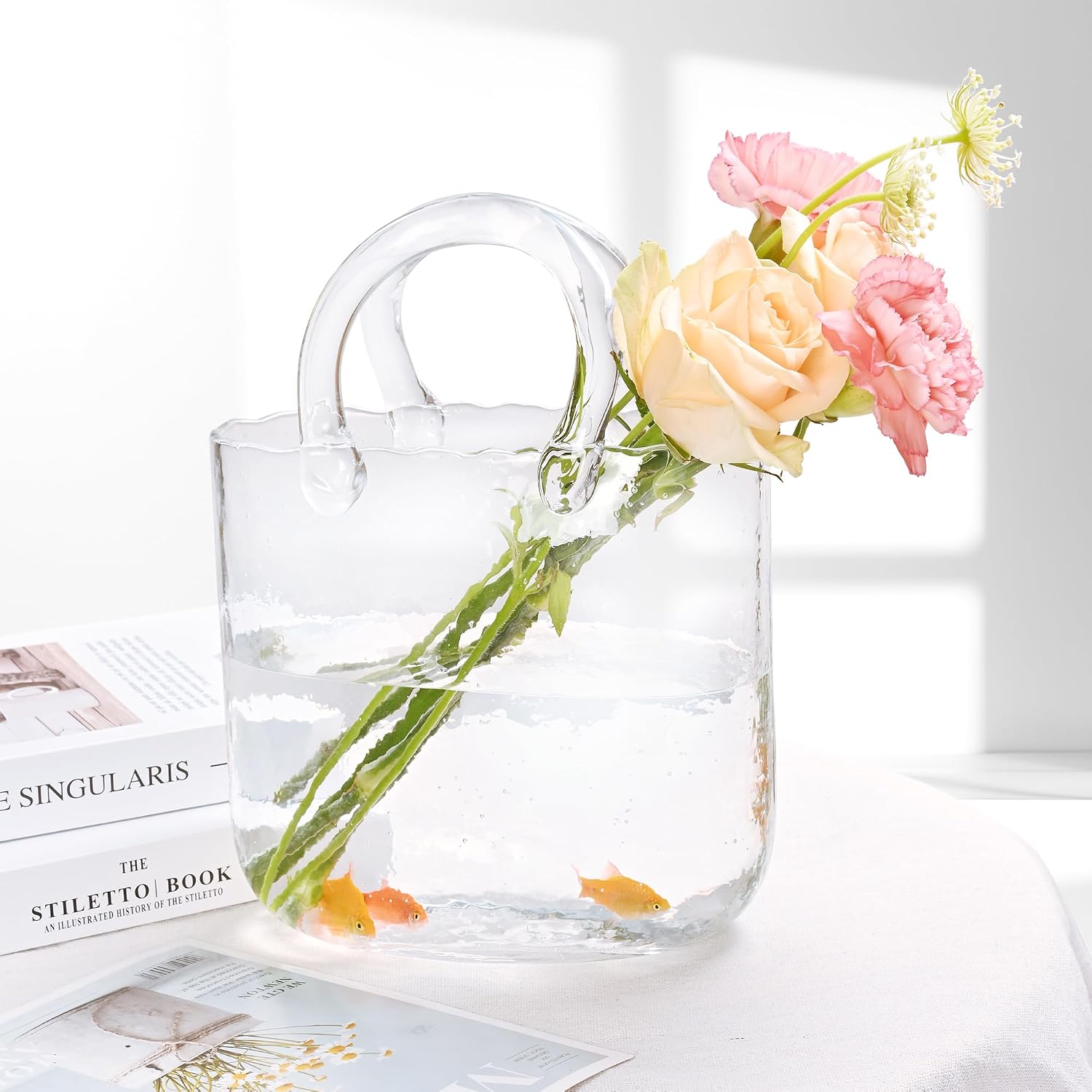 Yorkmills Glass Purse Vase for Flowers, Spring Decor, Clear Centerpiece, Handbag Vase for Table, Small Fish Bowl Flower Vase, Modern Home Decor