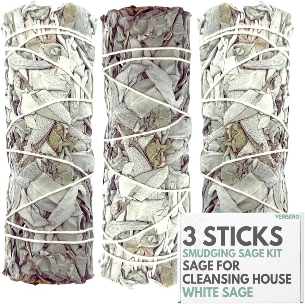 (Pack of 3)-Yerbero - Premium 4 Inches Long White Sage. 3 Hand Tied Bundles Smudging Kit for Home Cleansing, Meditation. Purifying Ceremonial Ritual