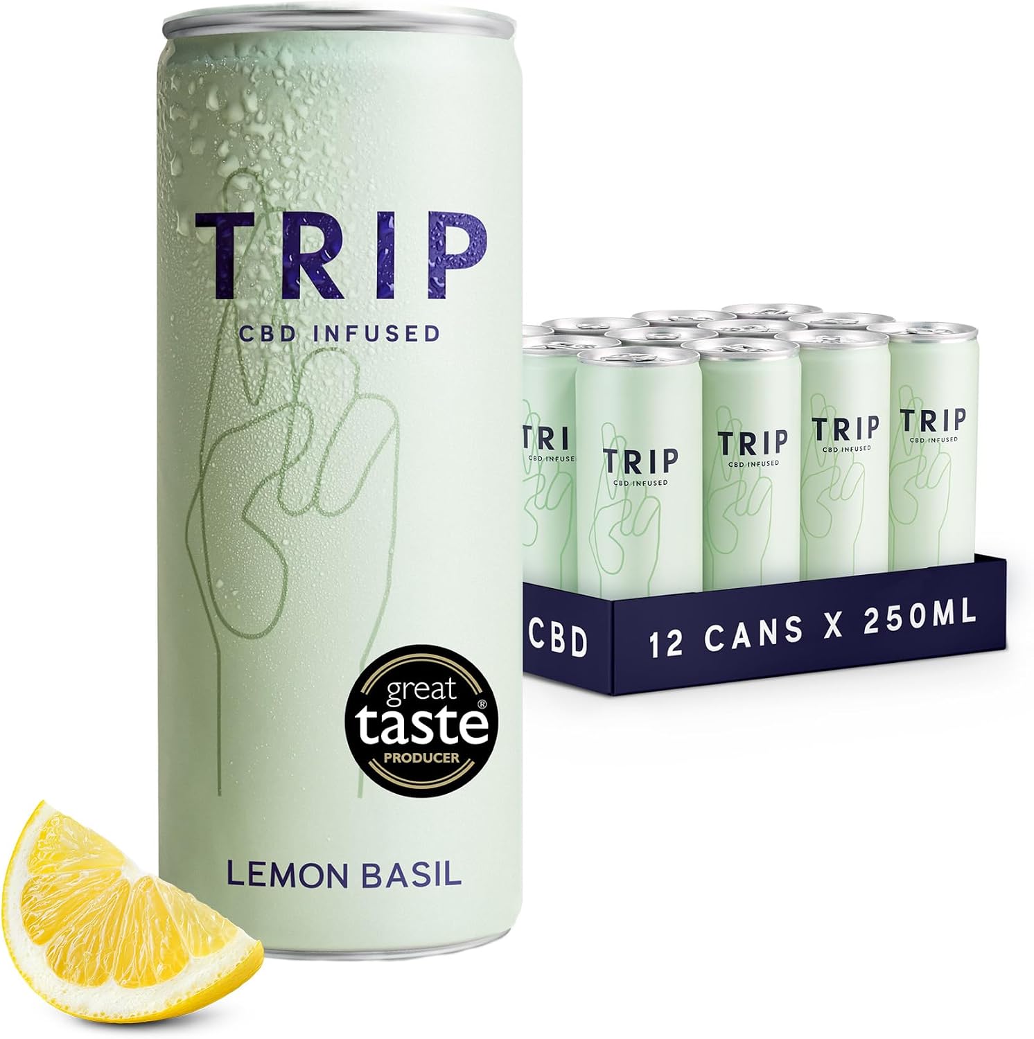 TRIP CBD Drink, Sparkling Lemon Basil Fizzy Drink, Low Calorie, Vegan (Pack of 24 x 250ml)