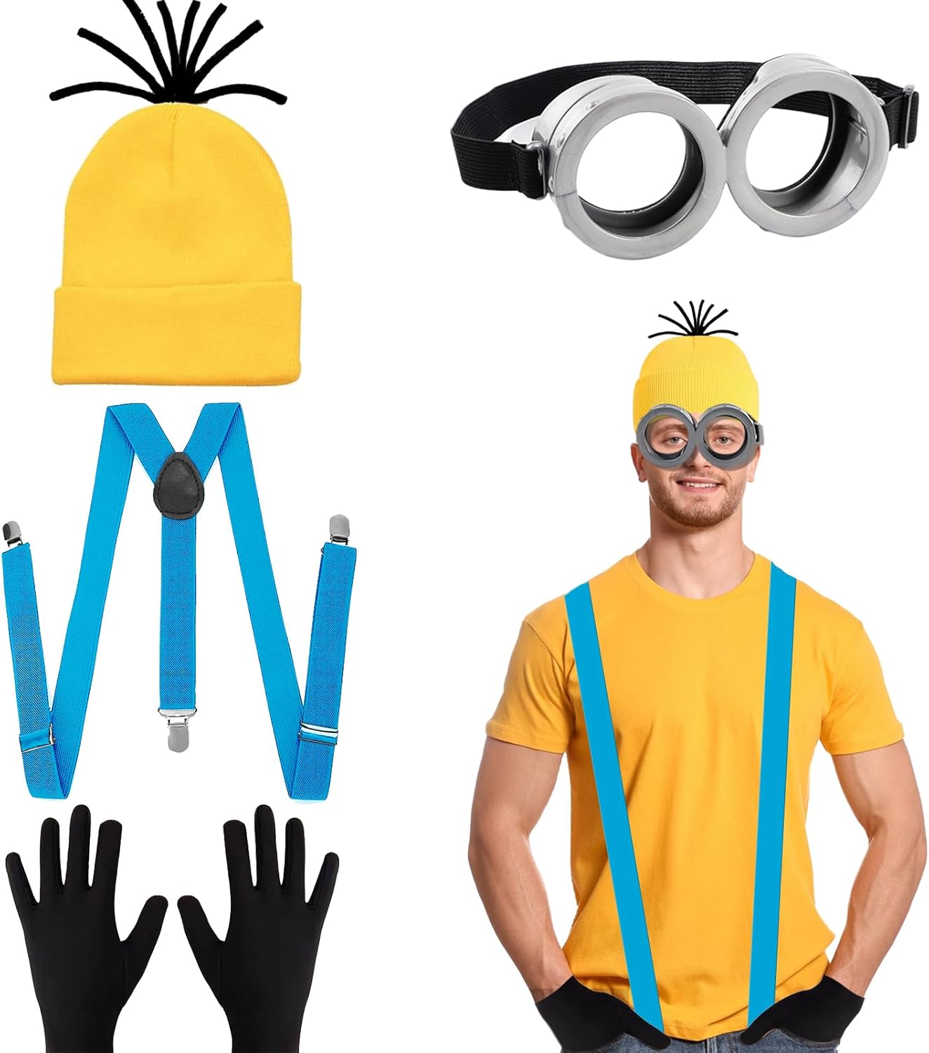 4 Pcs Adults Cosplay Costume Accessories with Yellow Beanie Knit Hat Black Gloves Grey Steampunk Goggles Glasses Blue Shoulder Strap for Halloween Cosplay Party World Book Day Dress up Outfits
