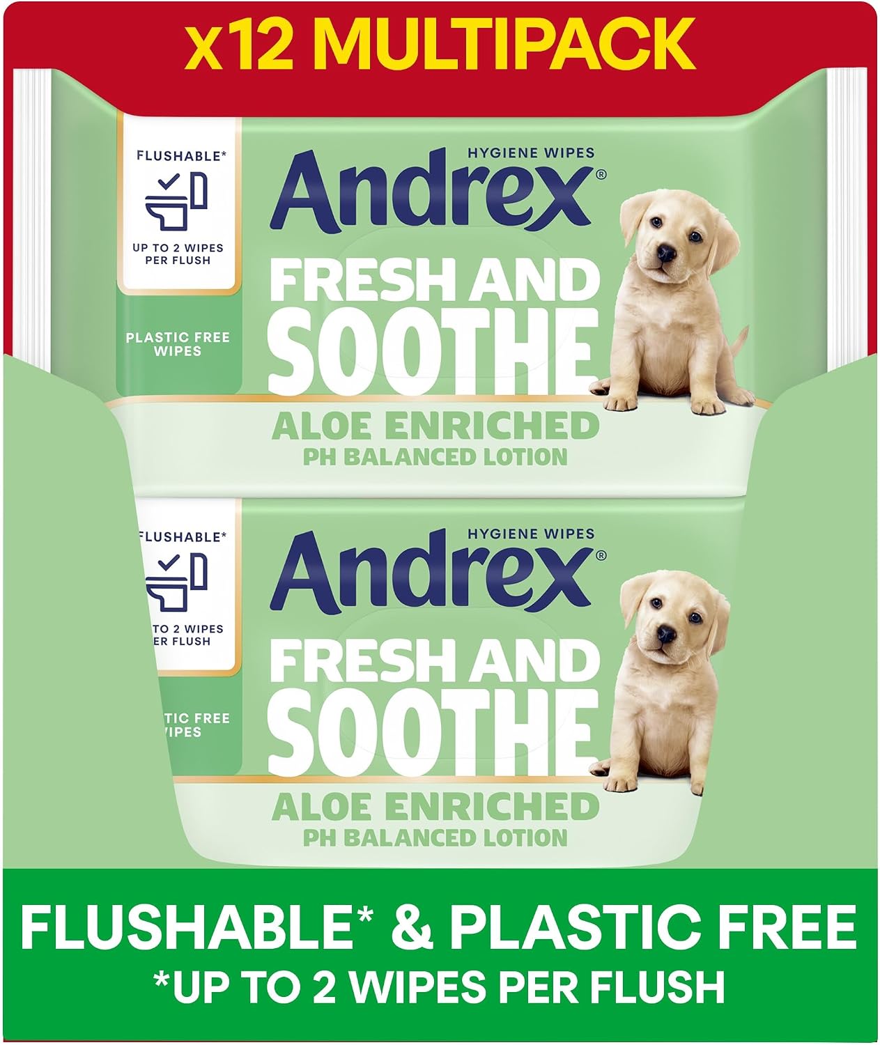 Andrex Fresh and Soothe Hygiene Wipes, 12 Packs - Flushable Toilet Wipes - Skin Kind - Contains Aloe Vera and Prebiotic Lotion- Biodegradable and Plastic-Free, FSC Certified