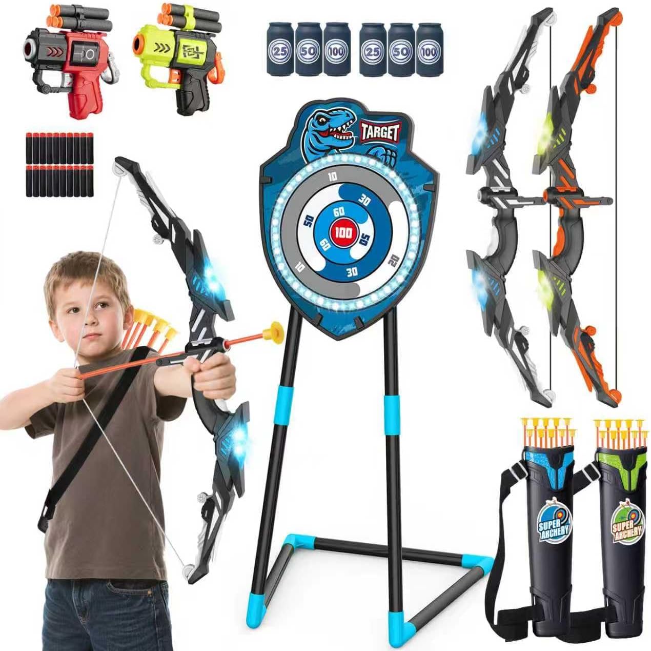 Kids LED Standing Archery Set with Bow & Arrows – Outdoor Sports Toy Gift for Boys & Girls Ages 4-12, Safe & Fun Target Practice Game, Blue/Green