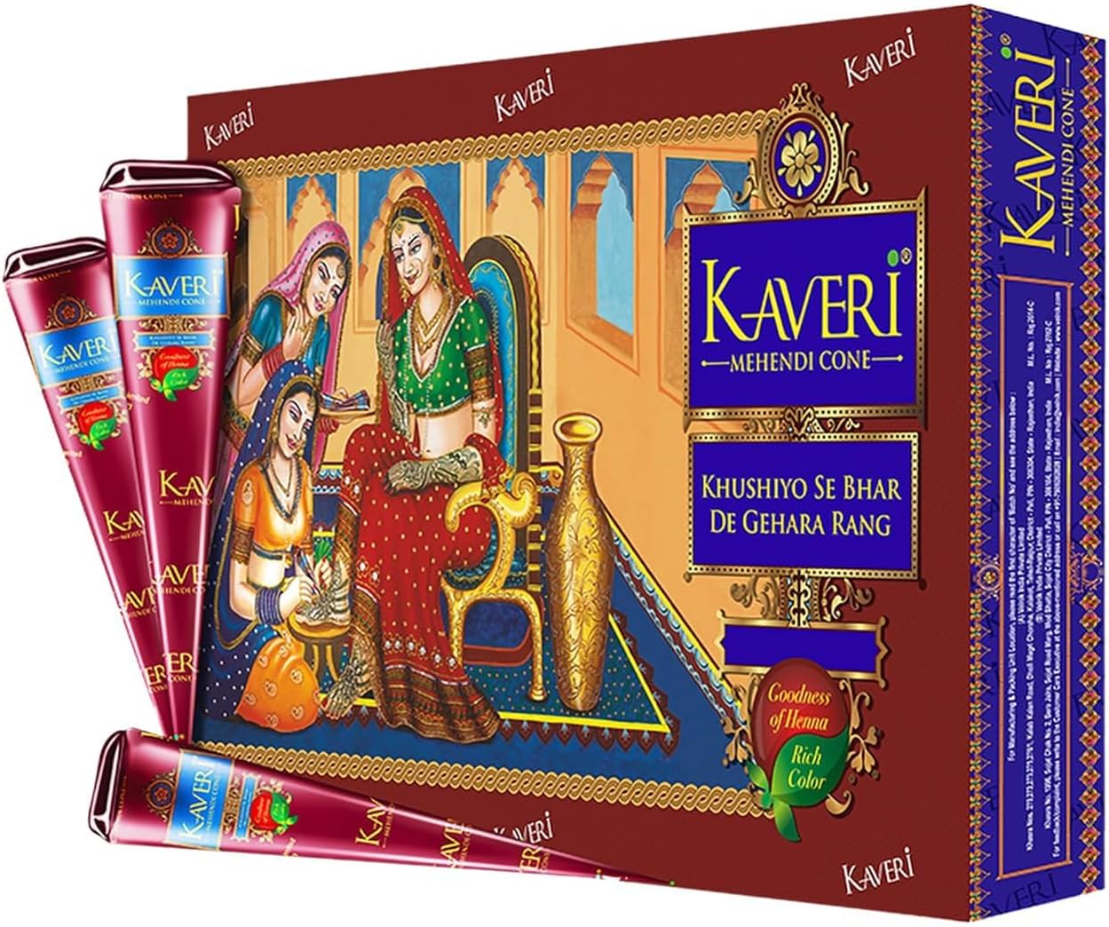 6 x Kaveri Natural Henna Mehndi Cones Organic Temporary Tattoos, NO PPD, All Natural