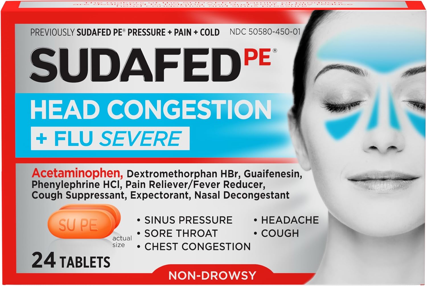 Sudafed PE Head Congestion + Flu Severe Tablets, Phenylephrine HCl, 24 ct