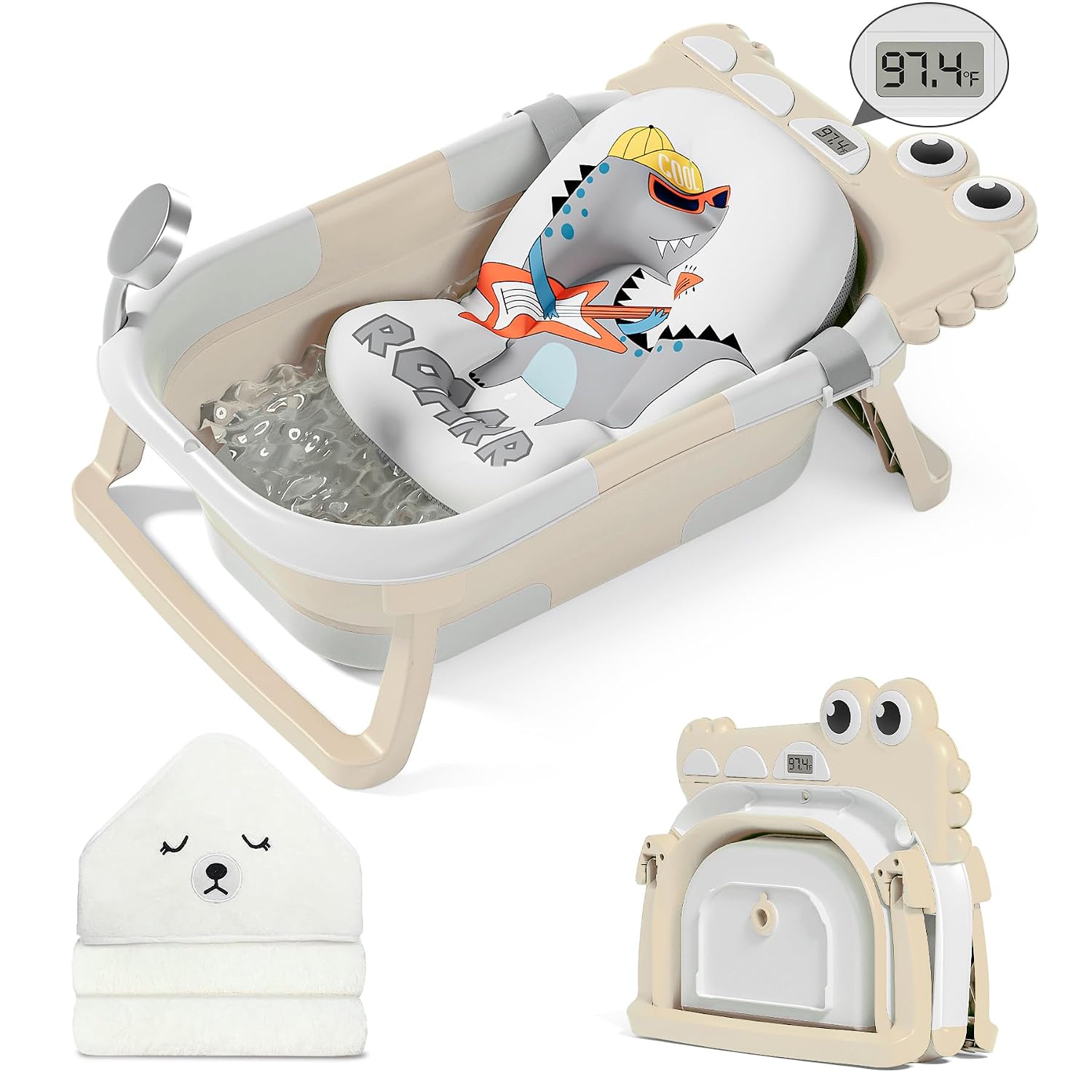 MoreFeel Collapsible Baby Bathtub for Newborn with Thermometer & 1 Hooded Towel & 1 Soft Floating Cushion,Portable Travel Bathtub with Drain Hole, Durable Foldable Baby Tubs for Infants to Toddler