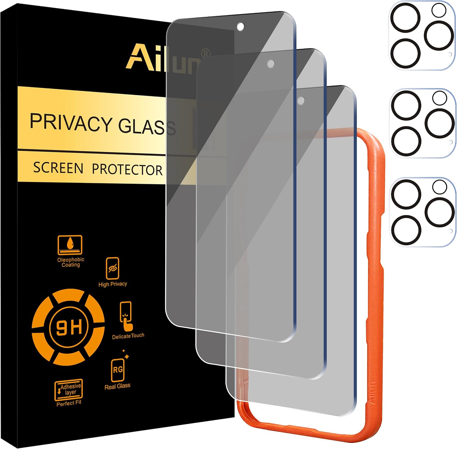 Ailun 3 Pack Privacy Screen Protector for iPhone 16 Pro Max [6.9 inch]+ 3 Pack Camera Lens Protector,Dynamic Island Compatible,Anti Spy Tempered Glass[9H Hardness]-HD