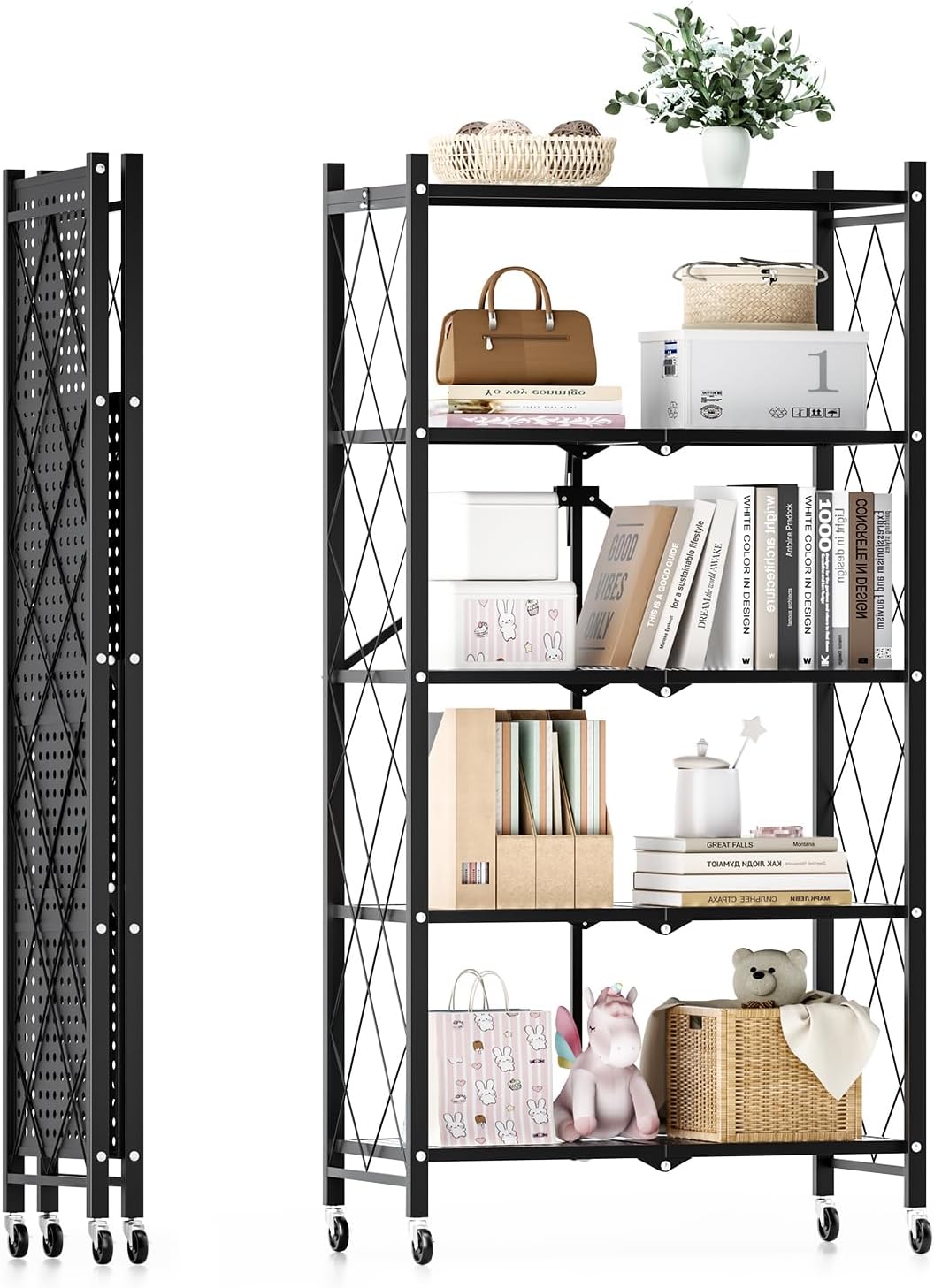 HealSmart Heavy Duty 5-Tier Foldable Metal Rack, 27.95" D x 13.39" W x 61.81" H Storage Shelving Unit 220 Lb with Wheels Moving Organizer Shelves for Garage Kitchen, Black