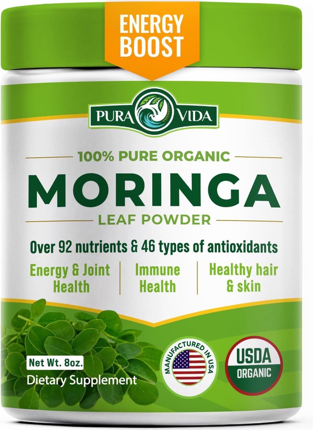 PURA VIDA MORINGA Powder Organic Single Origin - Premium 100% Leaf Powder, USDA Organic Moringa Oleifera, Moringa Leaf Powder - Perfect for Smoothies & Recipes. 8 oz.
