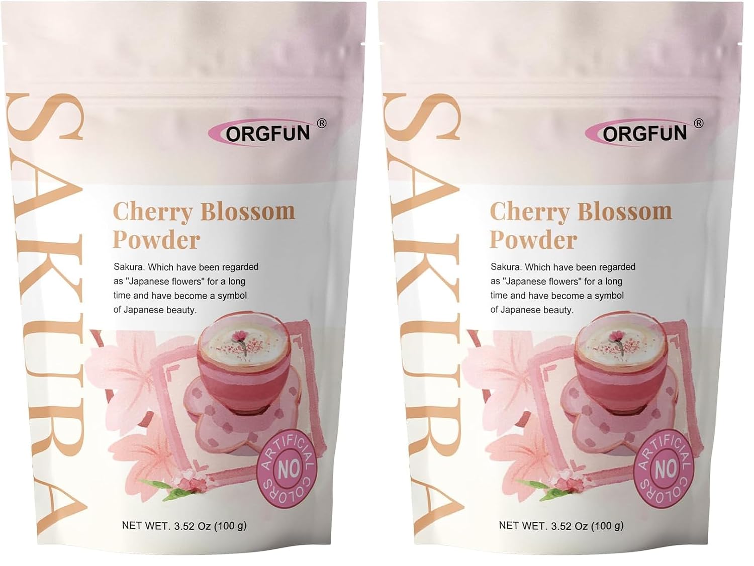 ORGFUN Original Sakura Powder Using 100% Spring Season Cherry Blossom No Additives Gluten Free Made in Japan Perfect for Sakura Latte, Drinks 3.52 Ounce (Pack of 2)