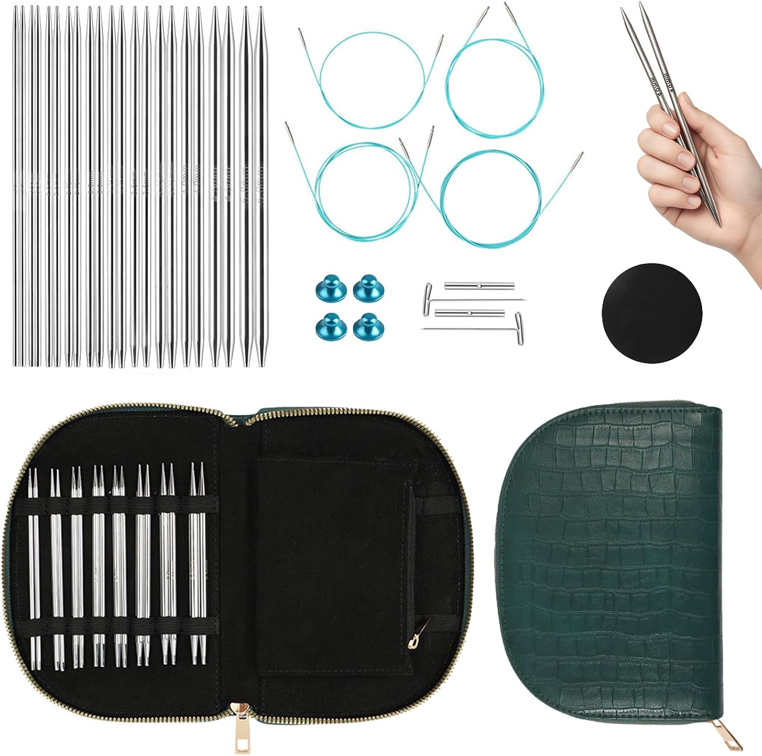 Yarniss Small Circular Knitting Needle with Case 2.0~5.0mm,11 Pair Stainless Steel Interchangeable Knitting Needles with Rotating Cables,4.92-Inch Lace Knitting Needles Set