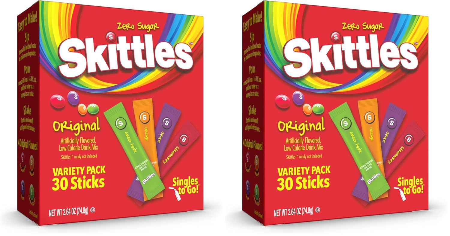 SINGLES TO GO! Skittles Variety Pack, Watertok Powdered Drink Mix, Zero Sugar, Low Calorie, Includes 4 Flavors: Green Apple, Strawberry, Grape, Orange, (30 Single Servings) (Pack of 2)