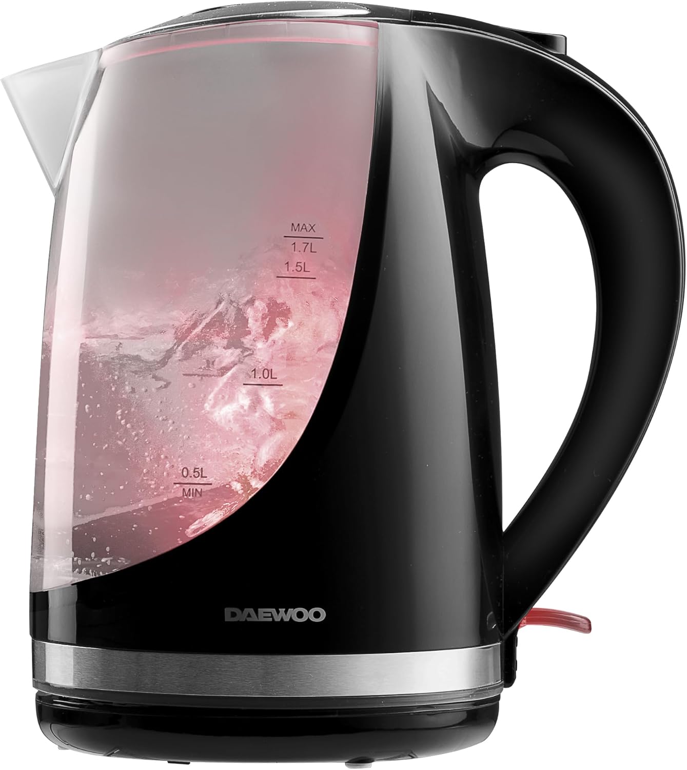 Daewoo 1.7L Cordless Kettle with Stainless Steel Lid - Colour Changing Indicator Lights - Glossy Black Plastic With Safety Locking Lid - Cordless Design - Black
