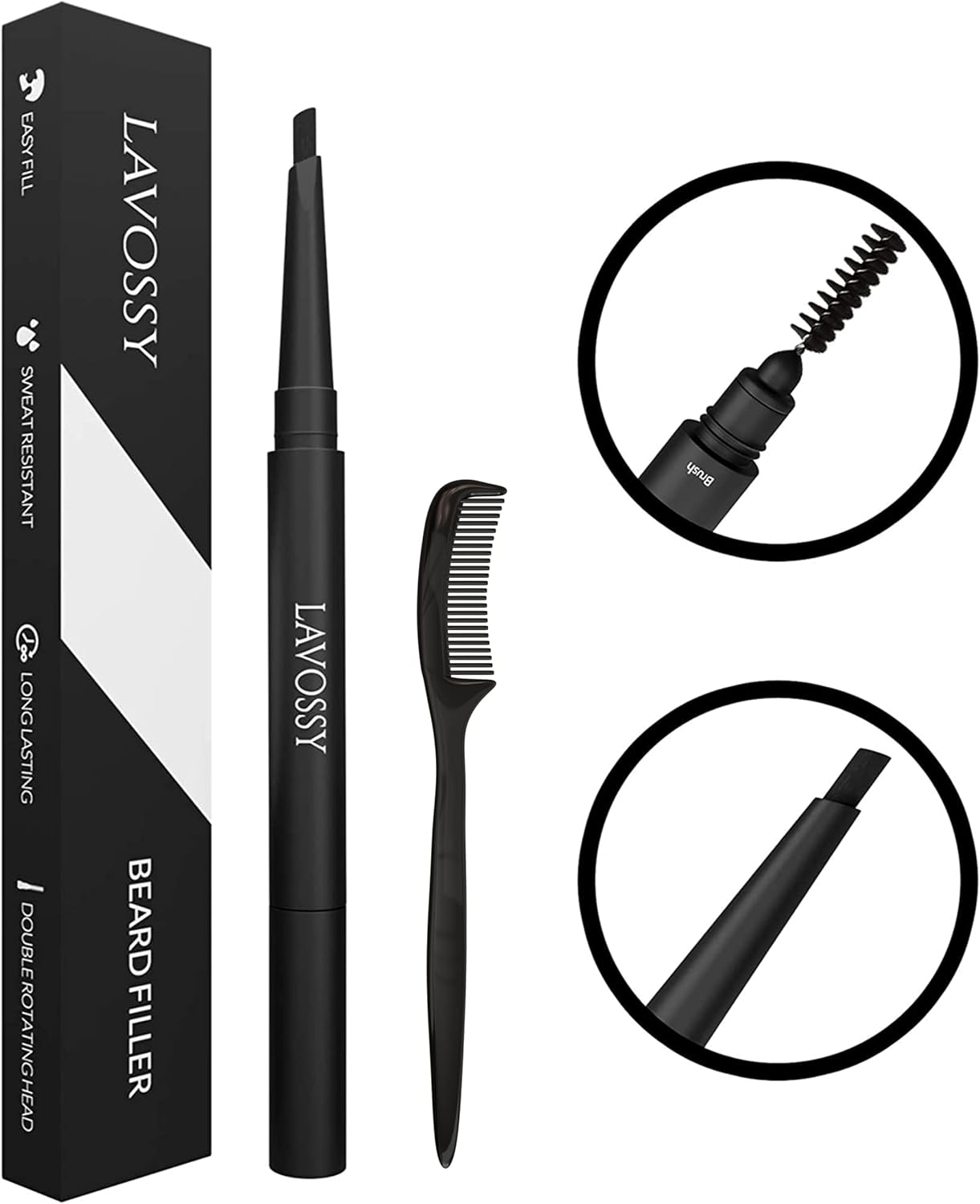 LAVOSSY Void Beard Filler Pencil Black with blending brush, Easily Fill with beard pencil filler for men, Water/Sweat Proof for All Hair Types