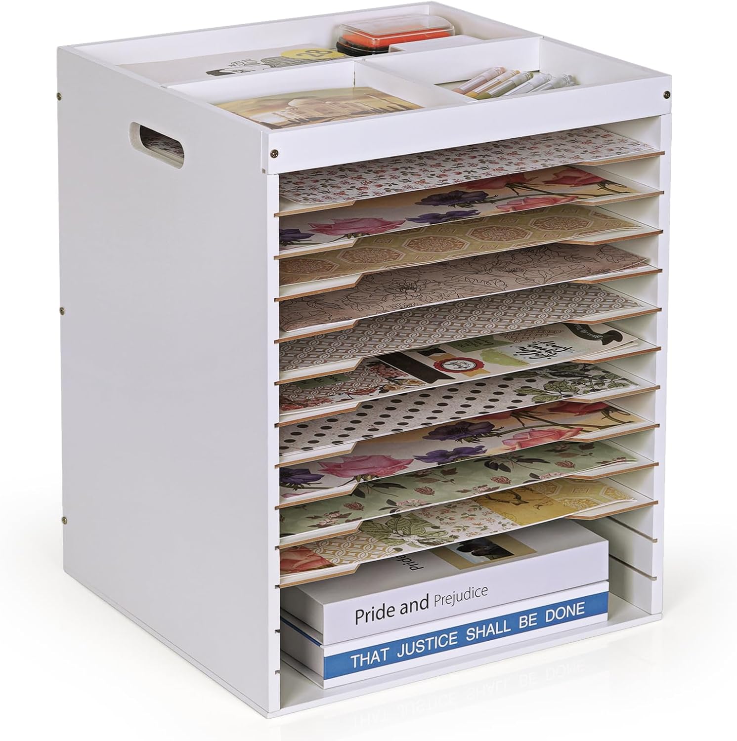Wood Scrapbook Paper Storage, 12x12 Paper Storage Organizer with Adjustable Shelves and Extraction Slot, 12 Tier Desk File Organizer Rack Letter Mail Tray for School Office Home
