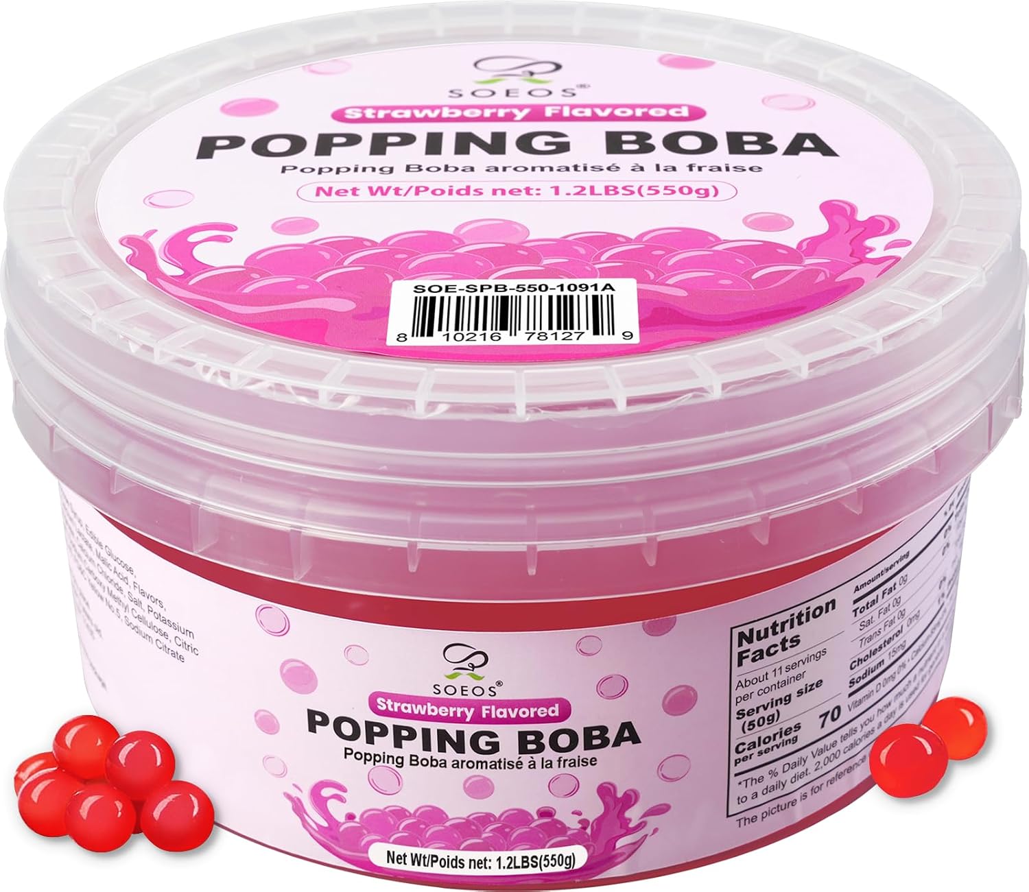 Soeos Strawberry Popping Boba, 550g(1.2 lbs), Boba Pearls for Bubble Tea