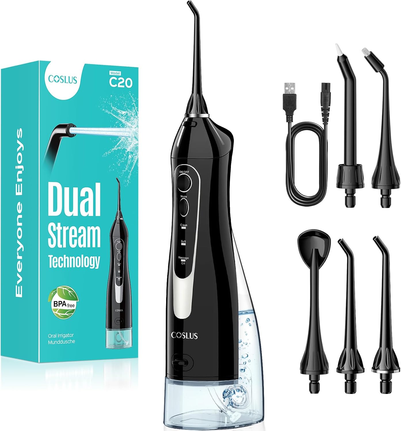 COSLUS Water Dental Flosser for Teeth Cordless: Portable Oral Irrigator 300ML 5 Jet Tips Rechargeable Tooth Flosser Teeth Braces Pick IPX7 Waterproof Irrigation Cleaner for Travel Home | Portable Rechargeable Oral Irrigator for Orthodontic & Sensitive Gums, Cordless for Travel, Family, Black & Transparent