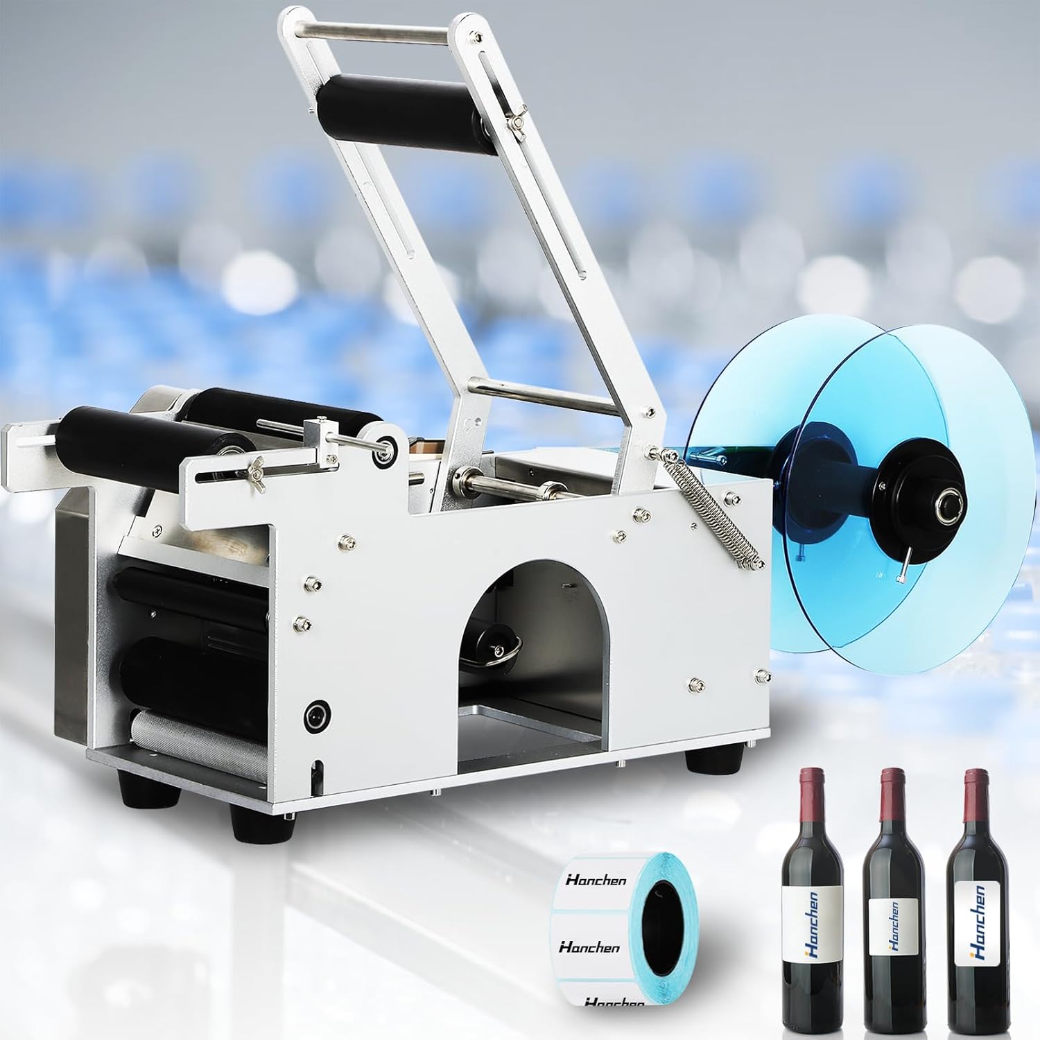 Hanchen Semi-Automatic Round Bottle Labeling Machine, Adjustable Labeler Label Applicator Machine for φ0.6-4.7” Cylinder 20-40pcs/min