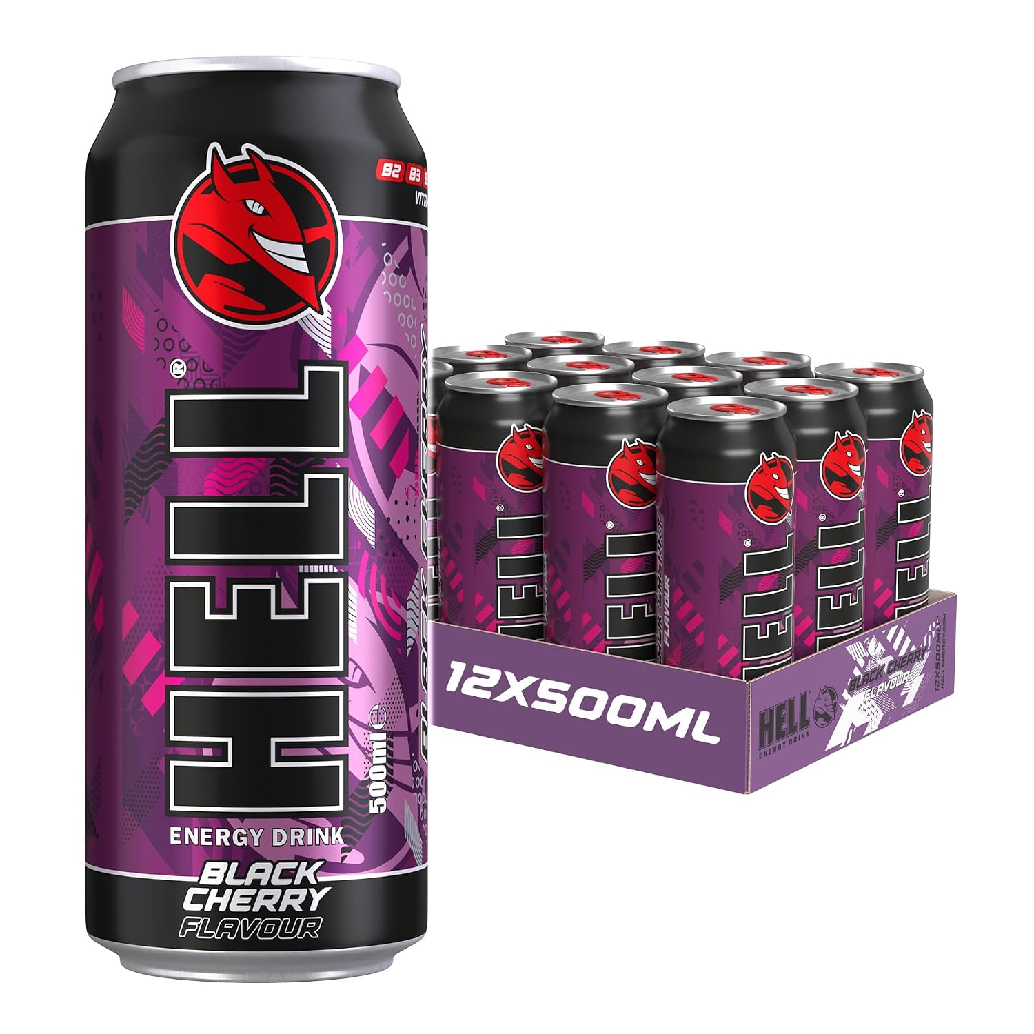 HELL BLACK CHERRY Energy Drink | +20% More Caffeine | Vitamins B2, B3, B6, B12, C & D | No Preservatives | Environmentally Friendly Packaging | 12 x 500 ml | Compatible with HELL Energy
