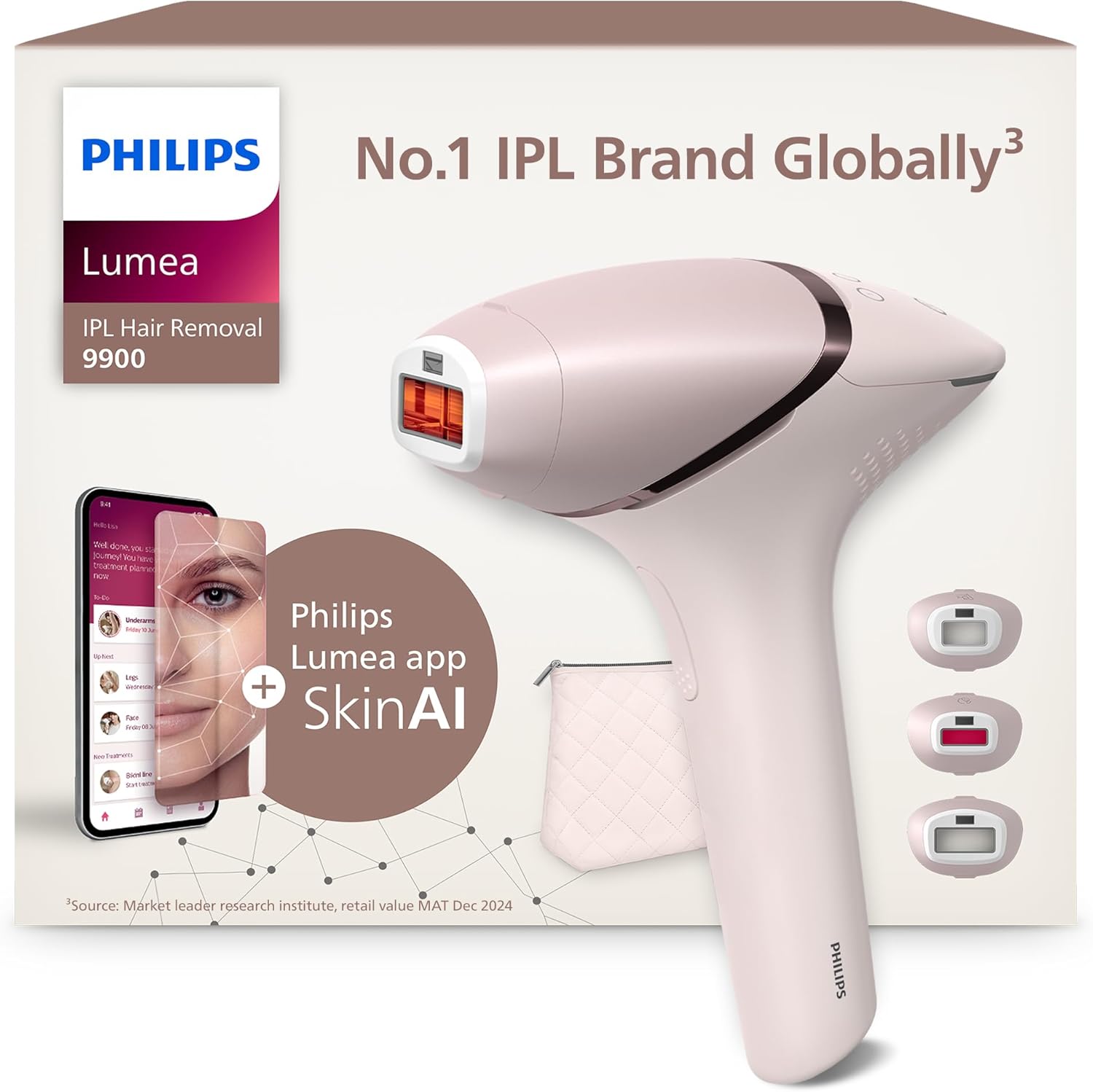Philips Lumea 9900 Series, IPL Hair Removal Device, Laser Hair Removal Alternative, SenseIQ and SkinAI Technology, 3 Attachments for Body, Face and Precision Areas, Corded & Cordless Use, BRI953/02