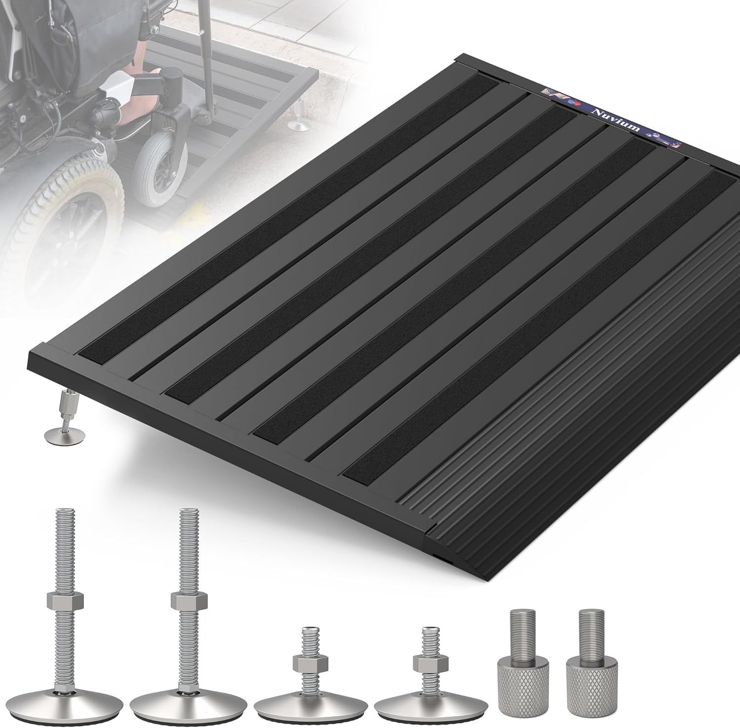 Threshold Ramp for Doorways, Adjustable Height 2.6"-6" Aluminum Wheelchair Ramp with Heightening Screws and Swivel Angle Leg, 1100lbs Load Capacity, 22”Wide Curb Ramp for Trolley,Power Chairs