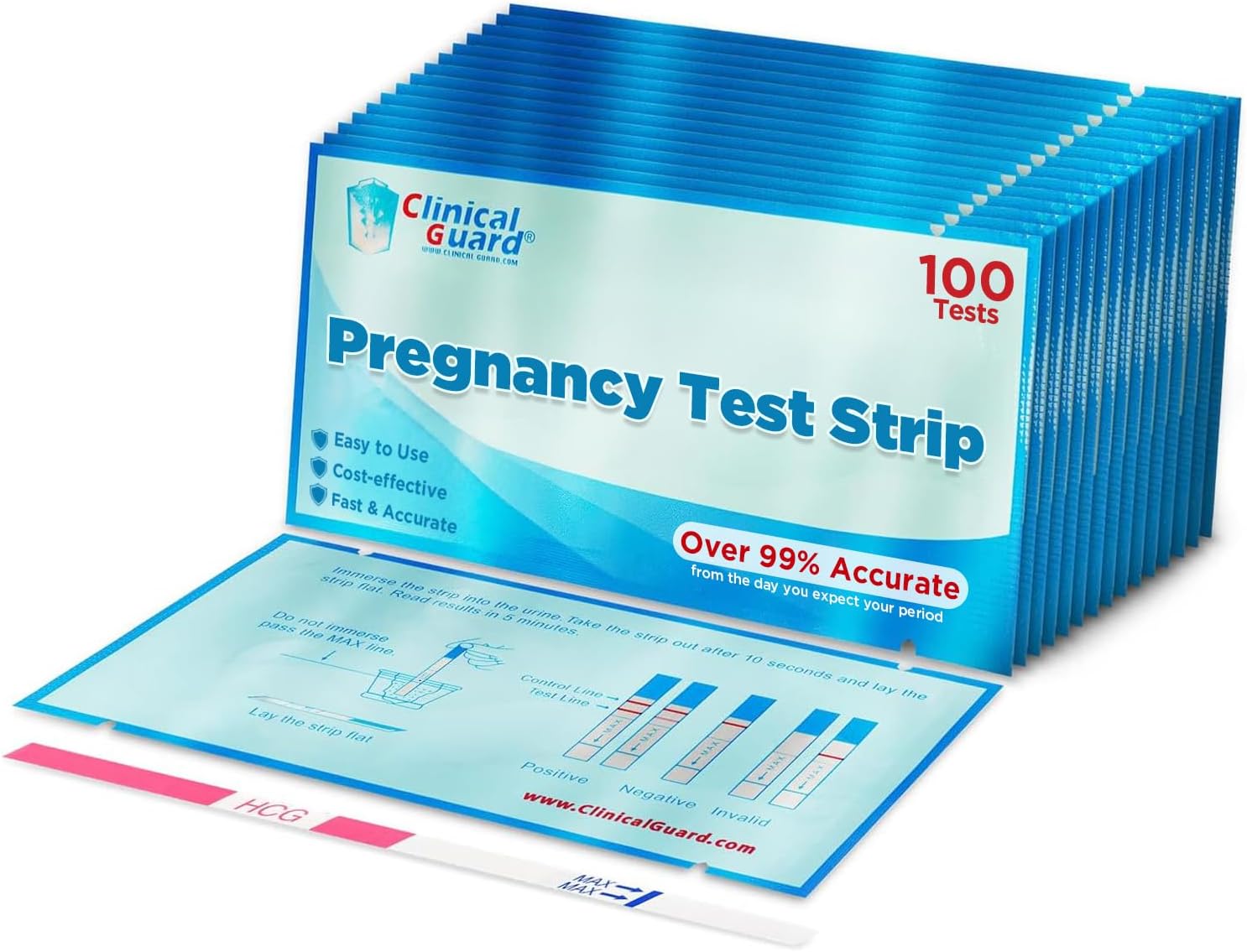 Clinical Guard 100 Pregnancy Tests Strips - Sensitive & Accurate Measurement Within 5 mins - Early Detection Pregnancy Test Strip - Easy to Use for Home Tests - HCG Test Strip Kit
