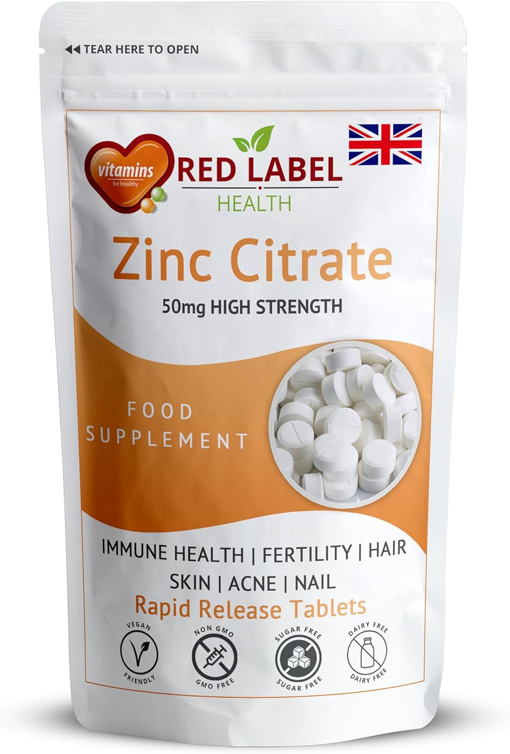 Zinc Citrate High Strength 50mg 90 Vegan Tablets 3 Months Supply High Absorption zinc Supplements for Men & Women Immune System, Fertility, Bones, Vision, Skin, and Nail