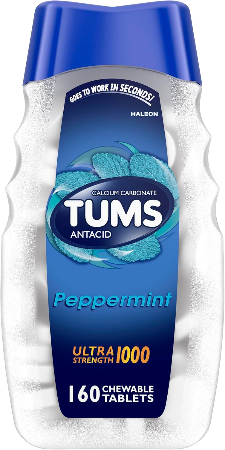 TUMS Antacid Chewable Tablets, Heartburn Relief, Peppermint, 160 Count | Ultra Strength Formula, Neutralizes Acid Instantly for Indigestion and Upset Stomach, Multi-Symptom Relief, Gluten Free