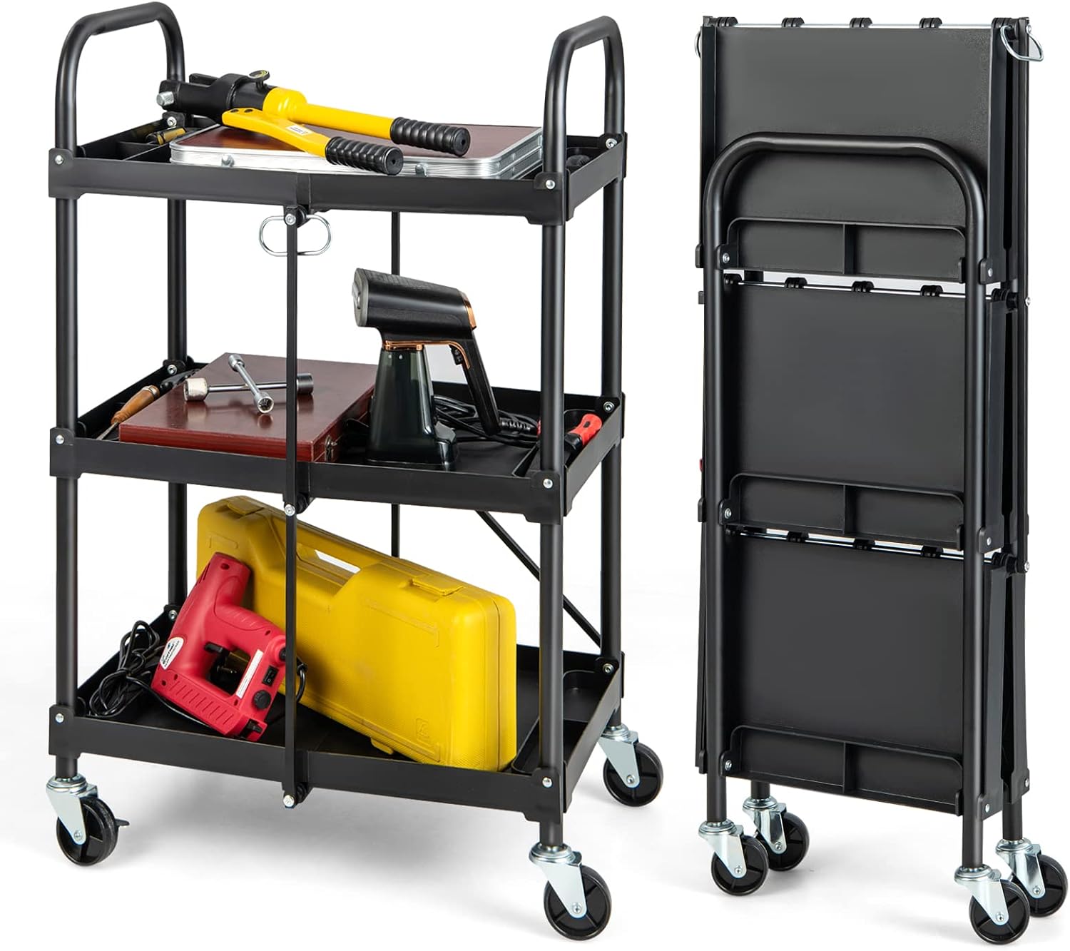 TANGZON 3-Tier Folding Tool Cart, Rolling Utility Service Cart with Lockable Universal Wheels, Handles & 12 Tool Grooves, Heavy-duty Steel Mobile Storage Trolley for Garage Warehouse Workshop Office