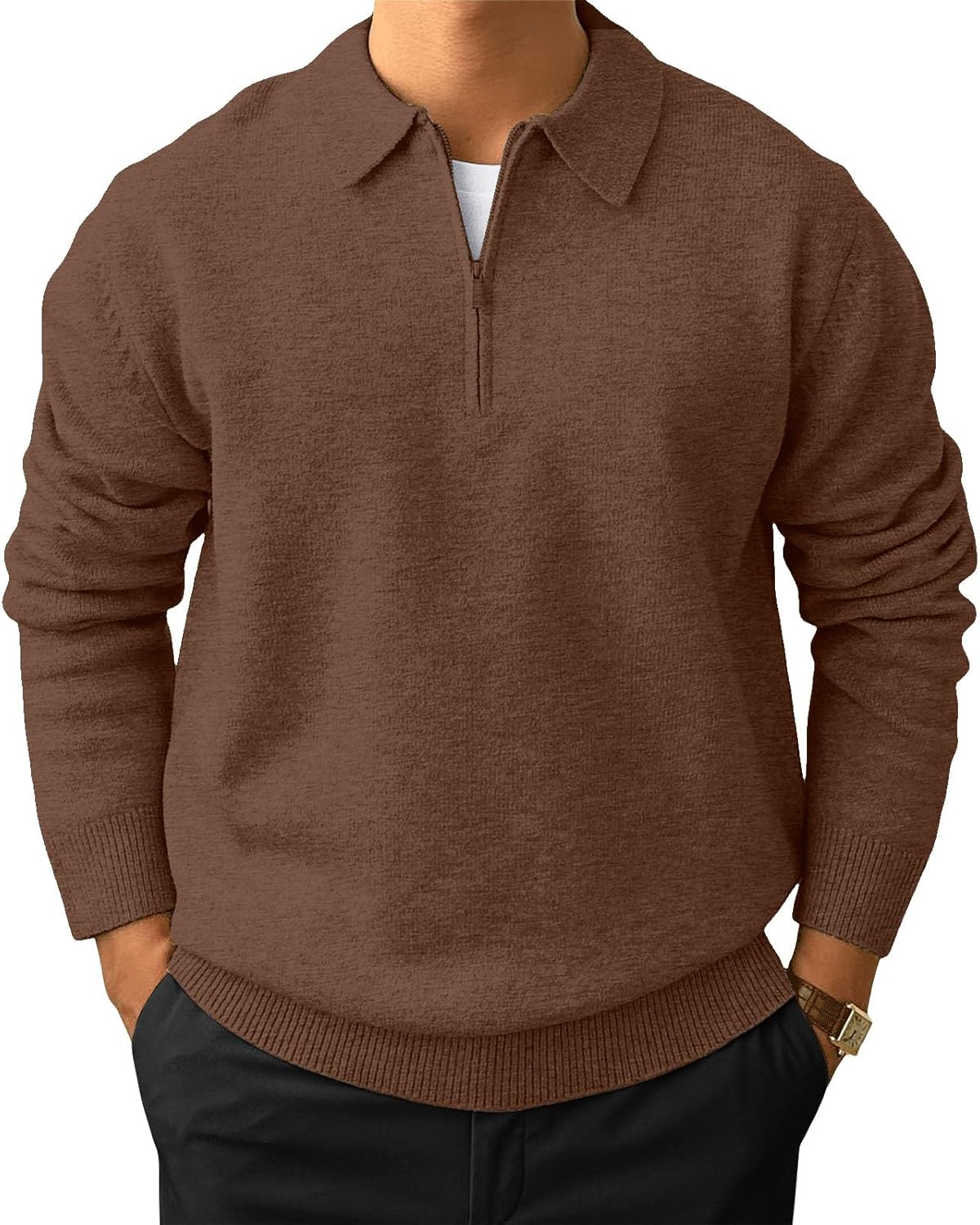 Men's Casual Knit Polo Sweater Classic Long Sleeve Thermal Basic Zip Collar Shirts