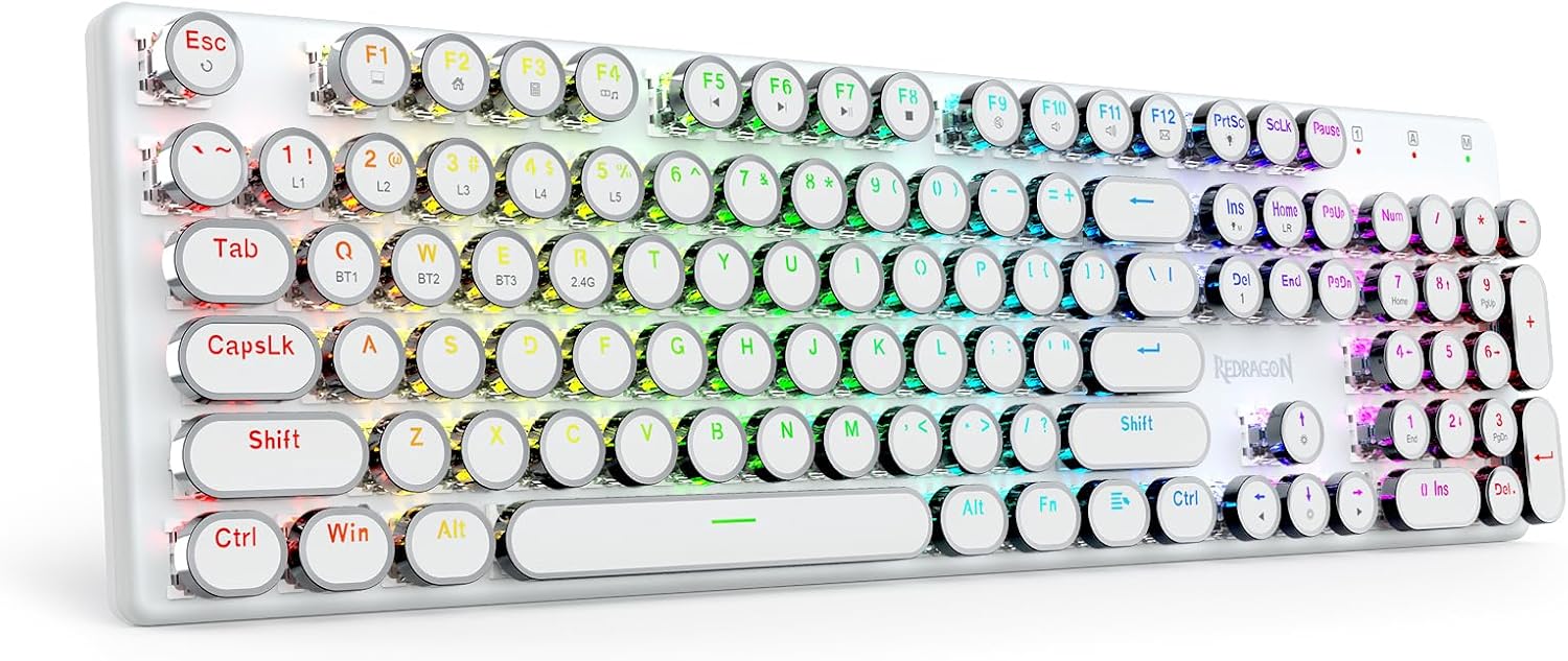 Redragon K710 Wireless Typewriter Mechanical Gaming Keyboard, Bluetooth/2.4Ghz/Wired, RGB Backlit, Blue Switch - Clicky, Rechargeable, Metal Panel, Round Keycaps, White
