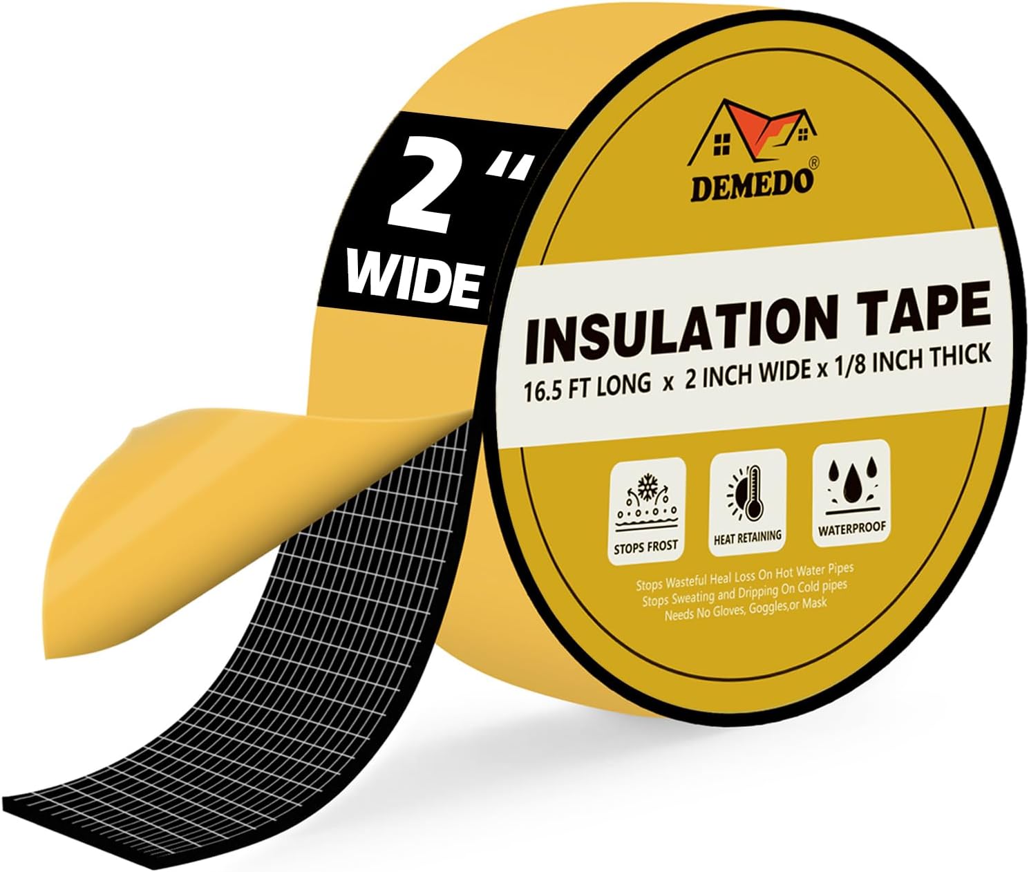 DEMEDO Pipe Insulation Tape, Pipe Wrap Insulation Foam Tape Self Adhesive, Outdoor Water Pipe Insulation Roll for HVAC, AC Line Insulation, 2 inch x 16.5 FT Heat Tape for Water Pipe, Black