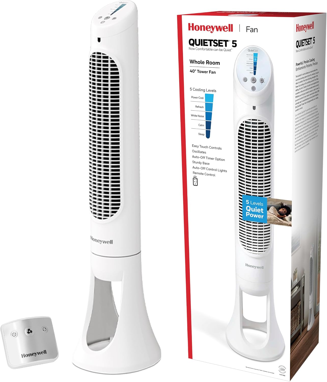 Honeywell QuietSet Whole Room Oscillating Tower Fan with Remote, White, HYF260