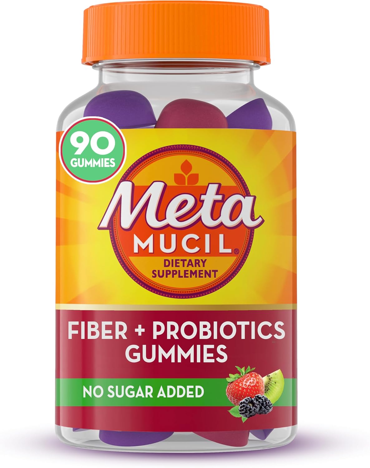 Metamucil Fiber Gummies for Adults with Probiotics for Bloating Relief, No Sugar Added Strawberry Kiwi BlackBerry Flavors, 5g Prebiotic Plant Based Fiber Supplement Blend, 90 Count