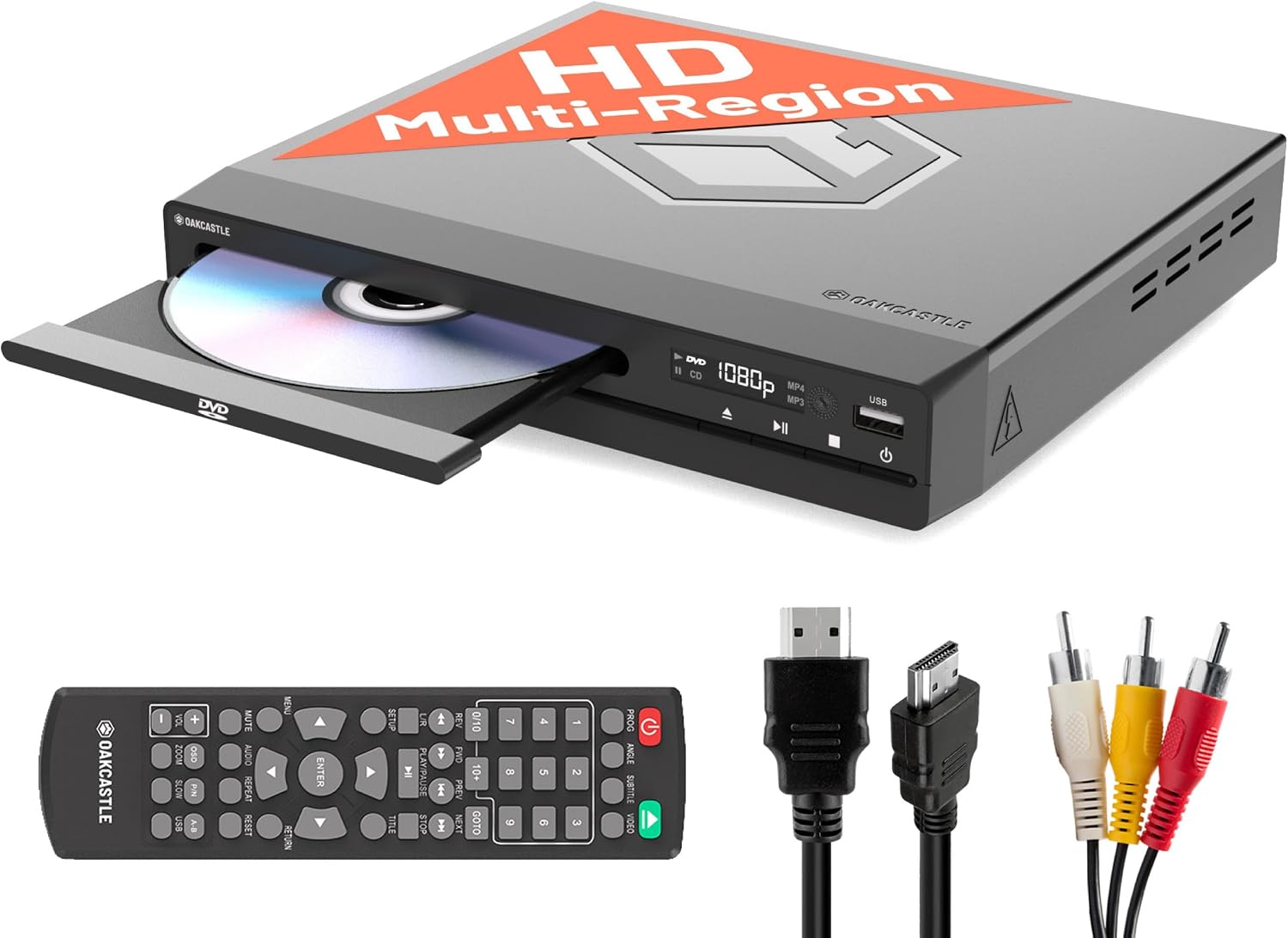Compact DVD Player with Included HDMI | Multi Region Disc Playback | 1080 HD Upscaling | HDMI, RCA, & AV Connectivity | USB, MP3, & CD Playback | Easy Use Remote Control Included | OAKCASTLE DVD100