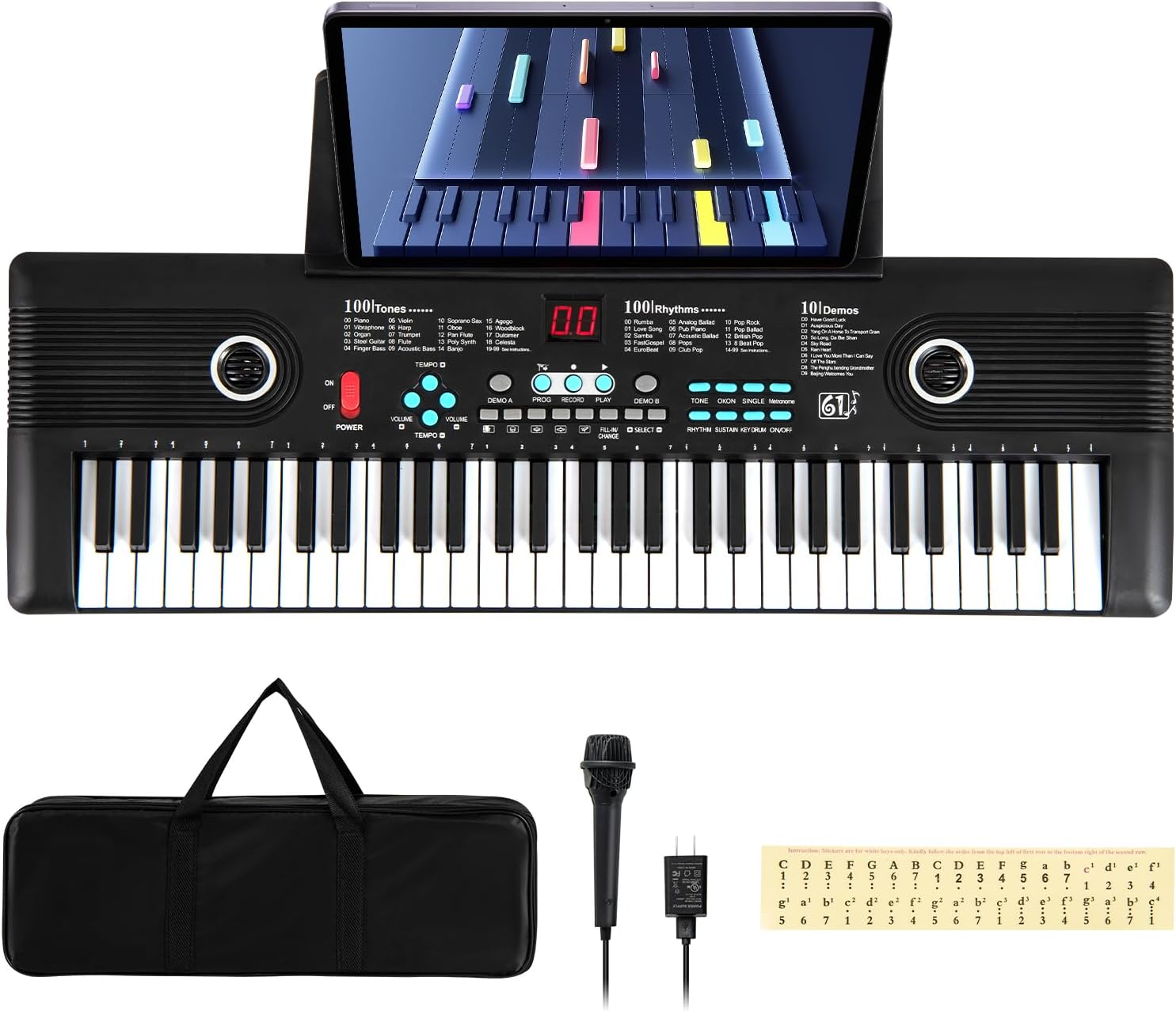 HONEY JOY 61 Key Keyboard Piano, Digital Music Keyboard w/100 Timbres, 100 Rhythms, Microphone, Keynote Stickers, Carrying Case, Music Stand, Portable Electric Piano for Beginners Kids Adults, Black