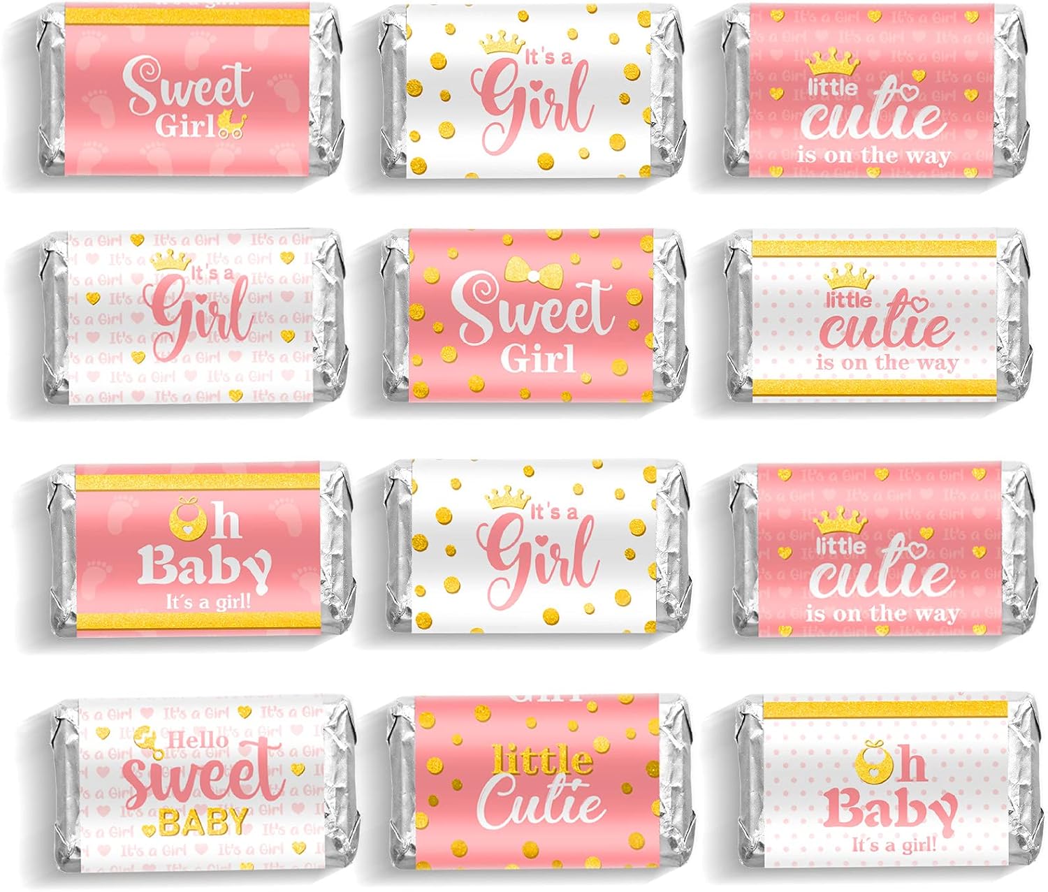 Baby Shower Candy Wrappers, Shower Mini Candy Bar Miniatures Wrappers Chocolate Bar Label Stickers for Boys Girls Kids Baby Shower Decor (No Candy)(Pink Girl Style, 90 Pieces)