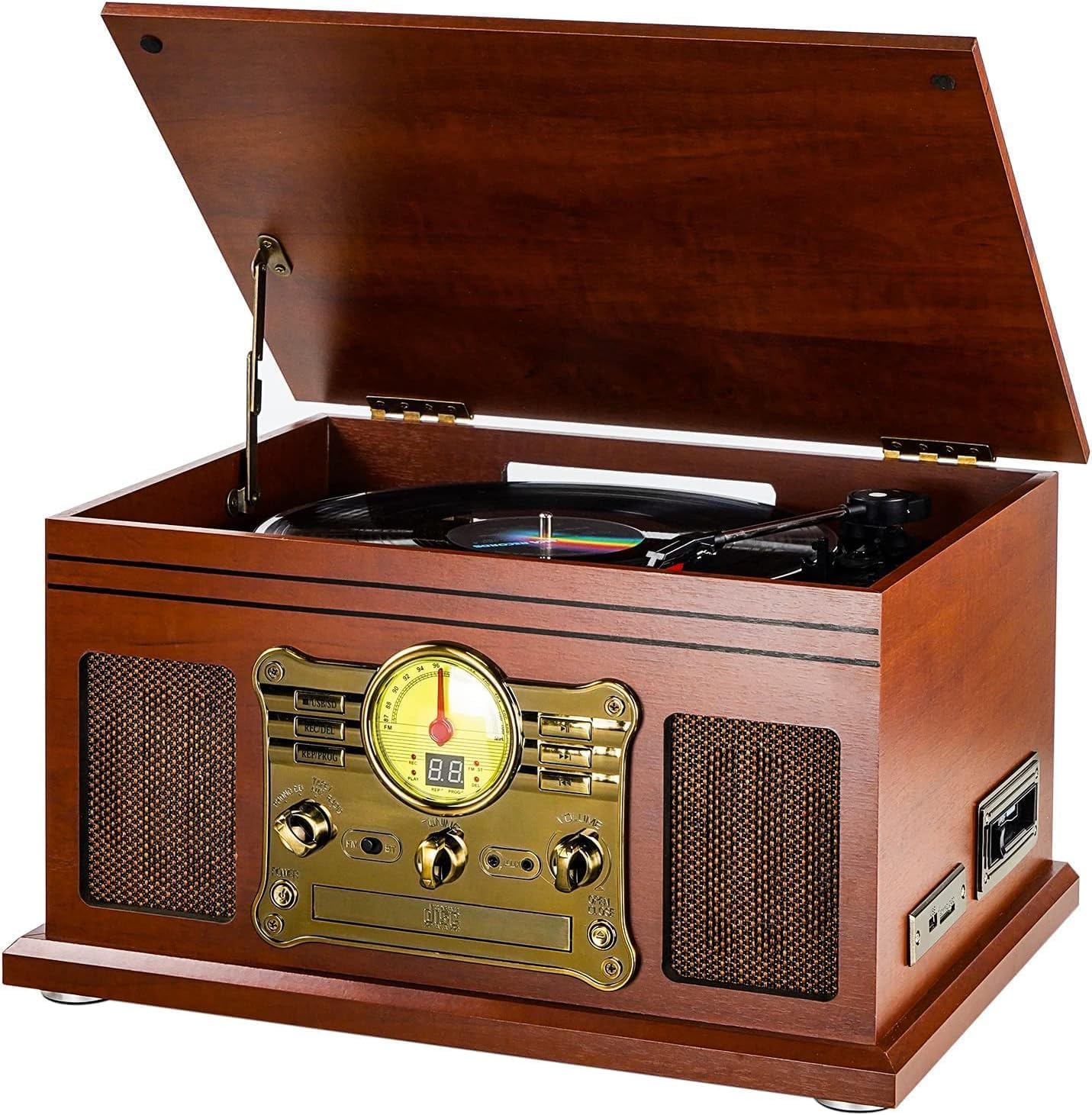 10-in-1 Bluetooth Record Player Multifunctional 3-Speed Turntable for Vinyl Record with Stereo Speaker,LP Vinyl to MP3 Converter with CD, Cassette Player,FM Radio,Wireless Music Streaming | Mahogany