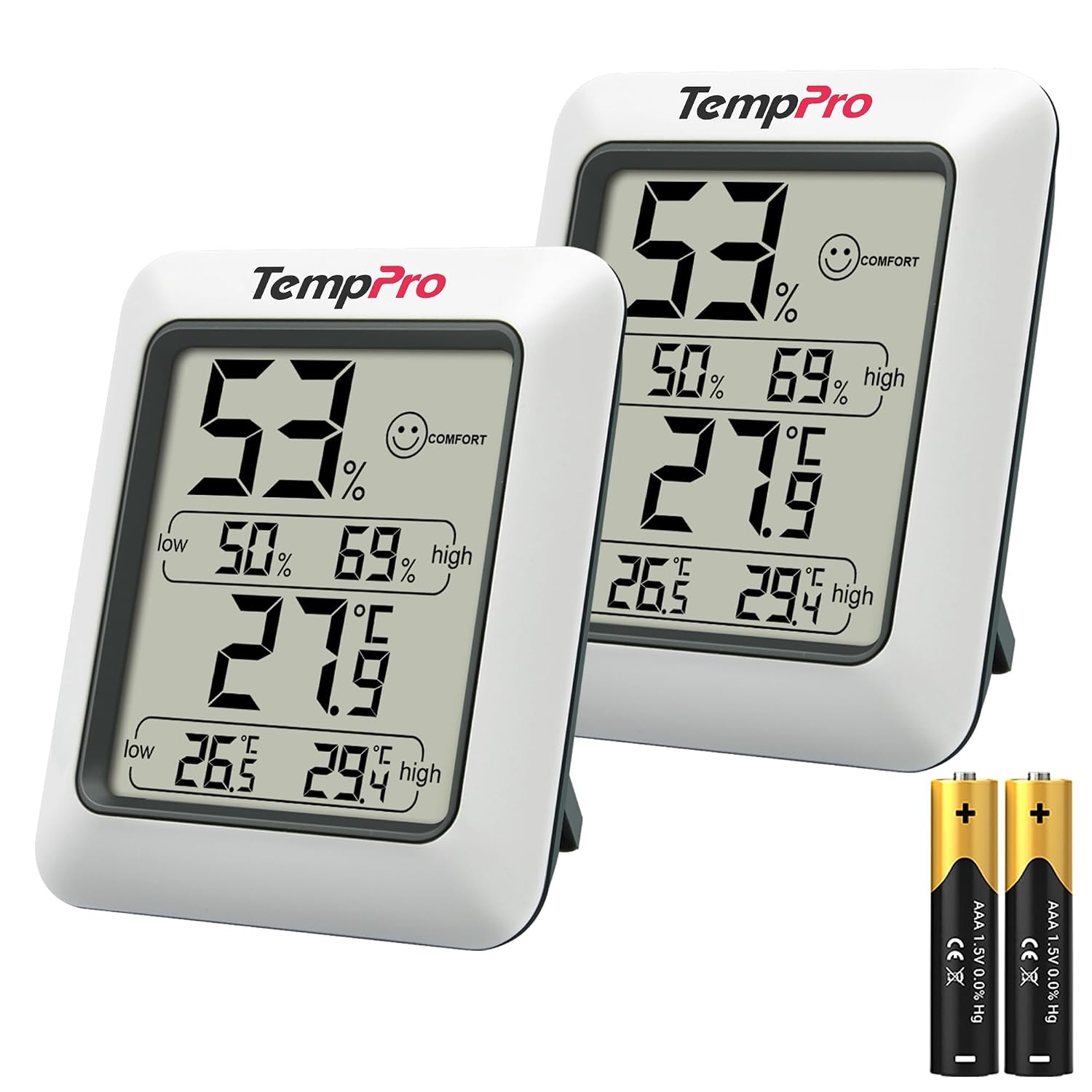 TempPro TP50 Room Thermometer, Digital Indoor Hygrometer Monitor, 2 Pieces | Min&Max Records, High accuracy, Temperature and Humidity Meter for Home Office Nursery Comfort (Previously ThermoPro)